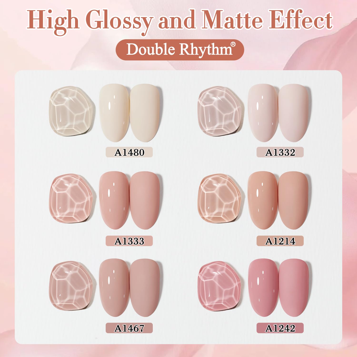 Double Rhythm glossy finish on nails for sleek, salon-like shine.
