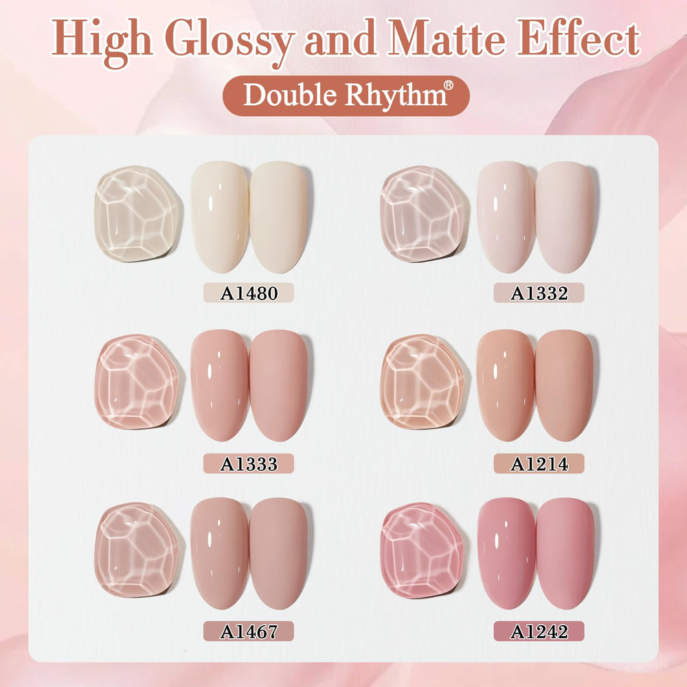 Double Rhythm glossy finish on nails for sleek, salon-like shine.