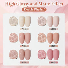 Double Rhythm glossy finish on nails for sleek, salon-like shine.