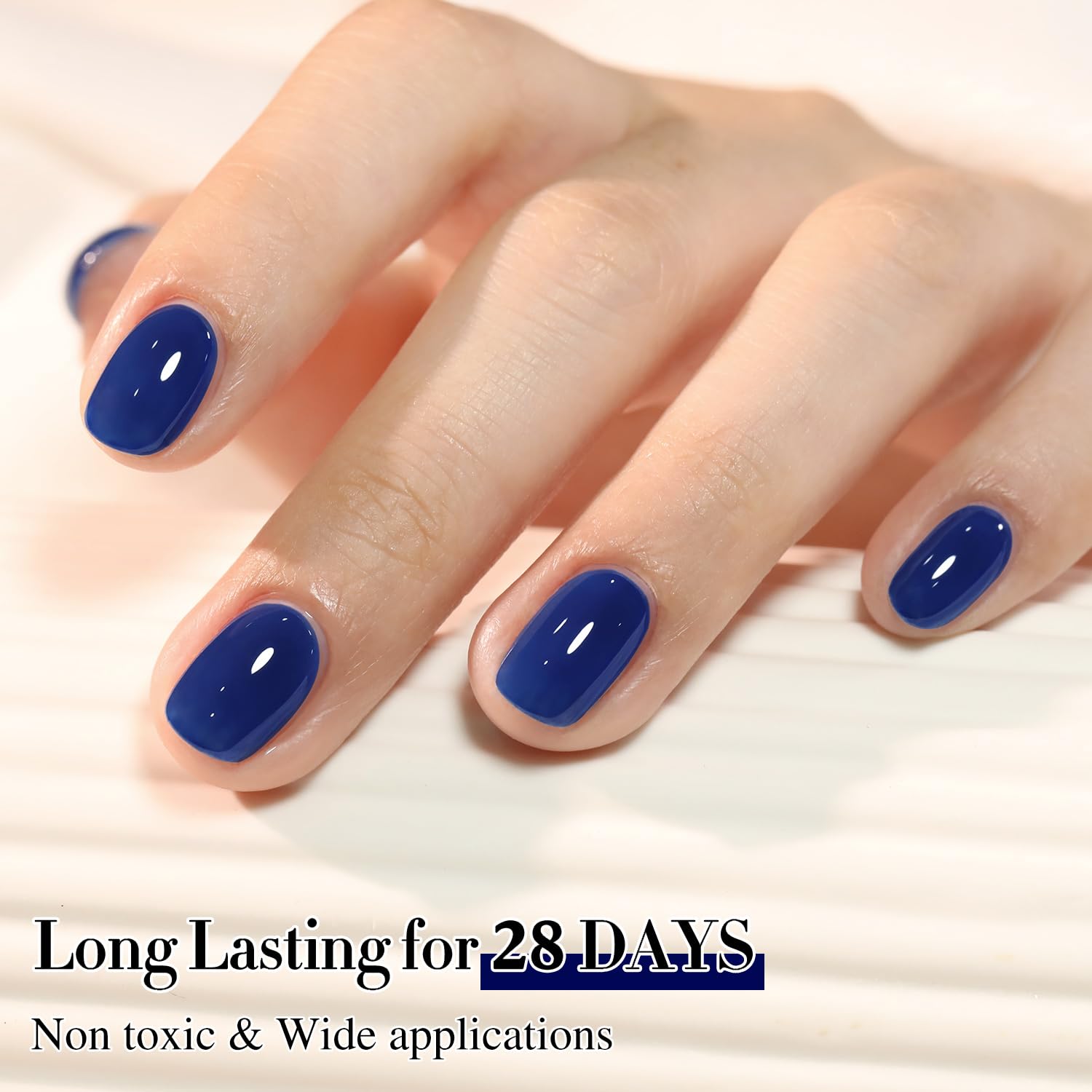 Double Rhythm glossy gel finish on nails with 28-day wear.