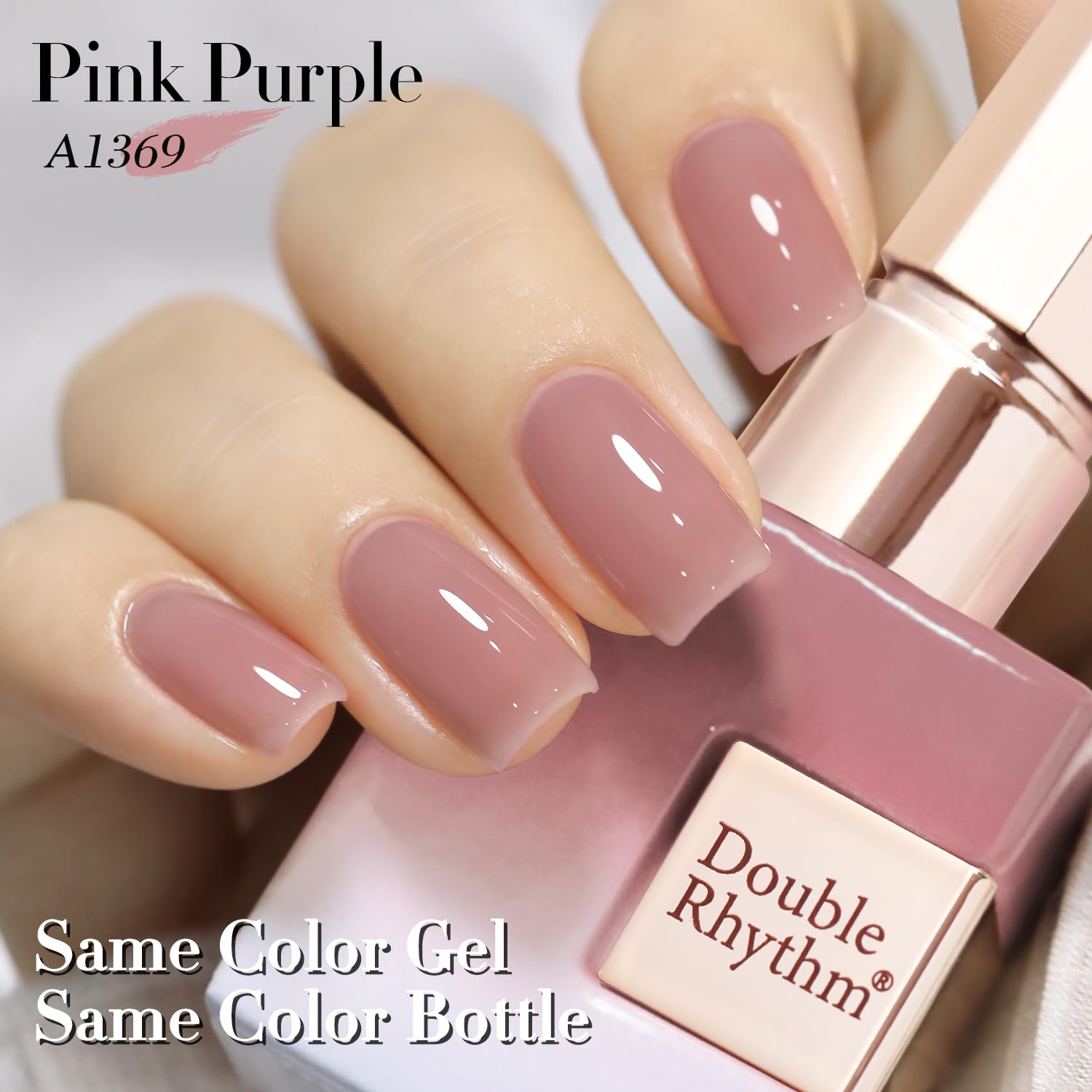 Hand displaying Pink Lilac nails created with Double Rhythm gel polish at home.