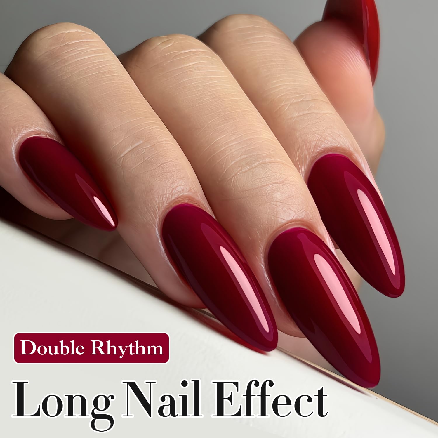 Double Rhythm high-gloss finish nails photo conveys long-lasting shine after cure.