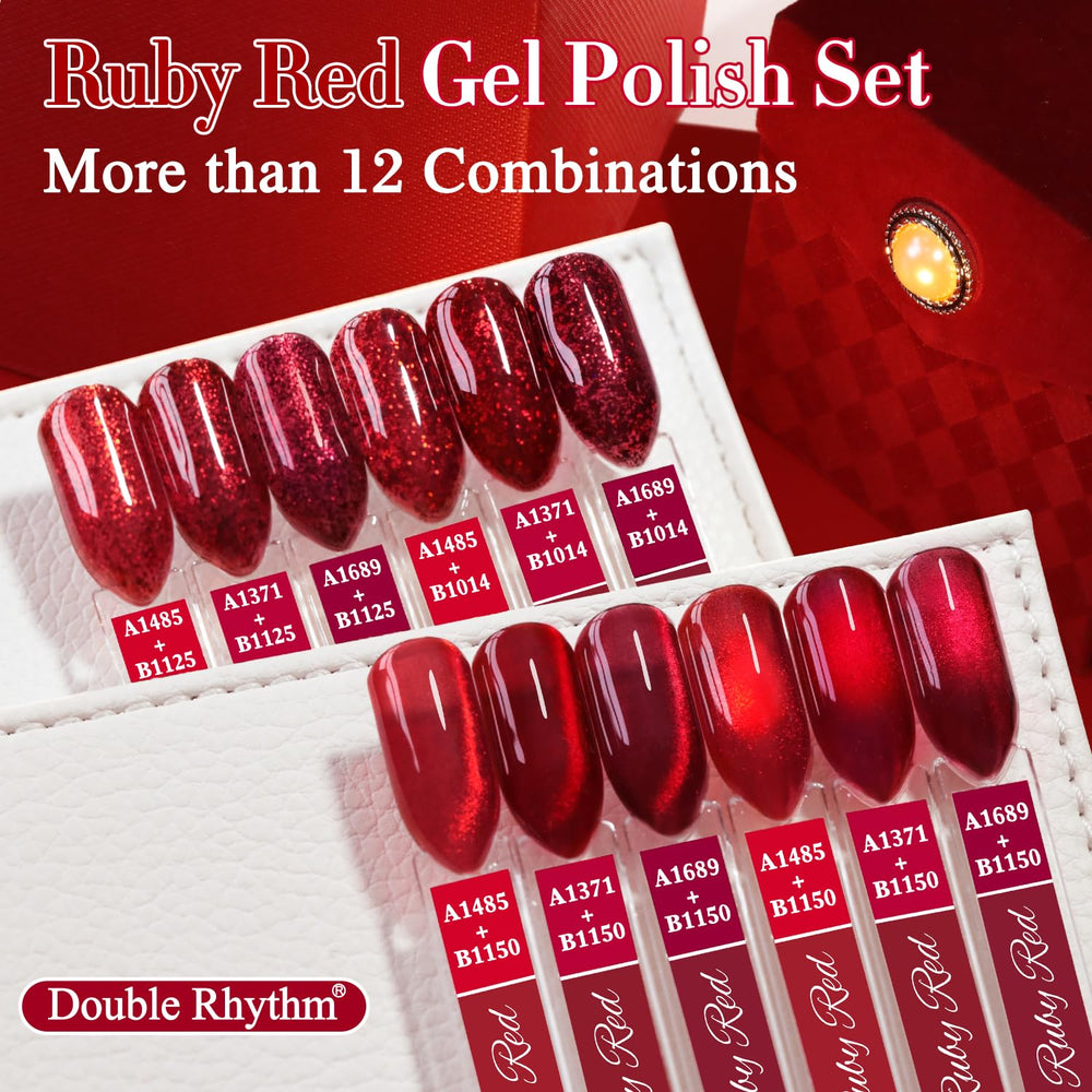 Double Rhythm jelly burgundy red gel polish applied for a rich finish.