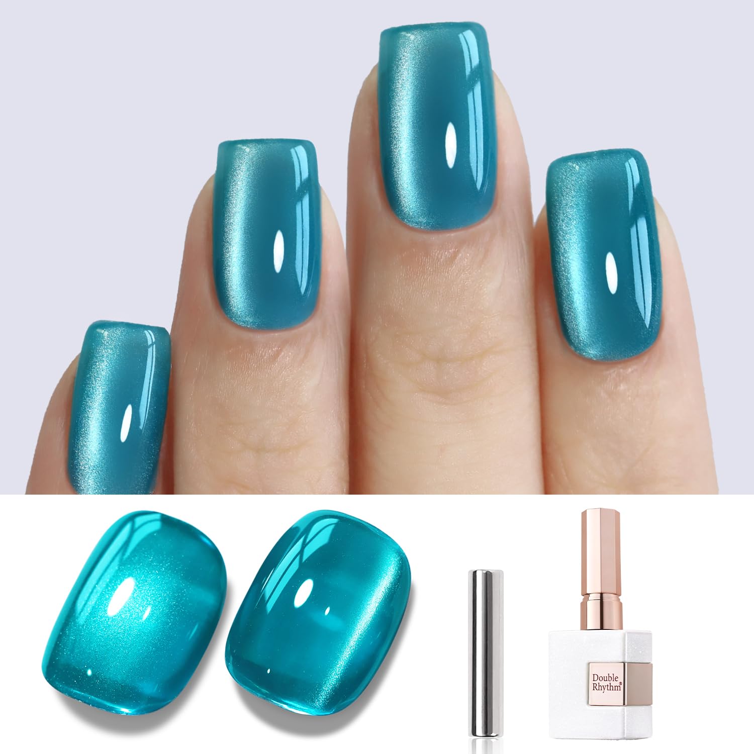 Double Rhythm jelly glass cat-eye teal polish showing magnetic glow on nails