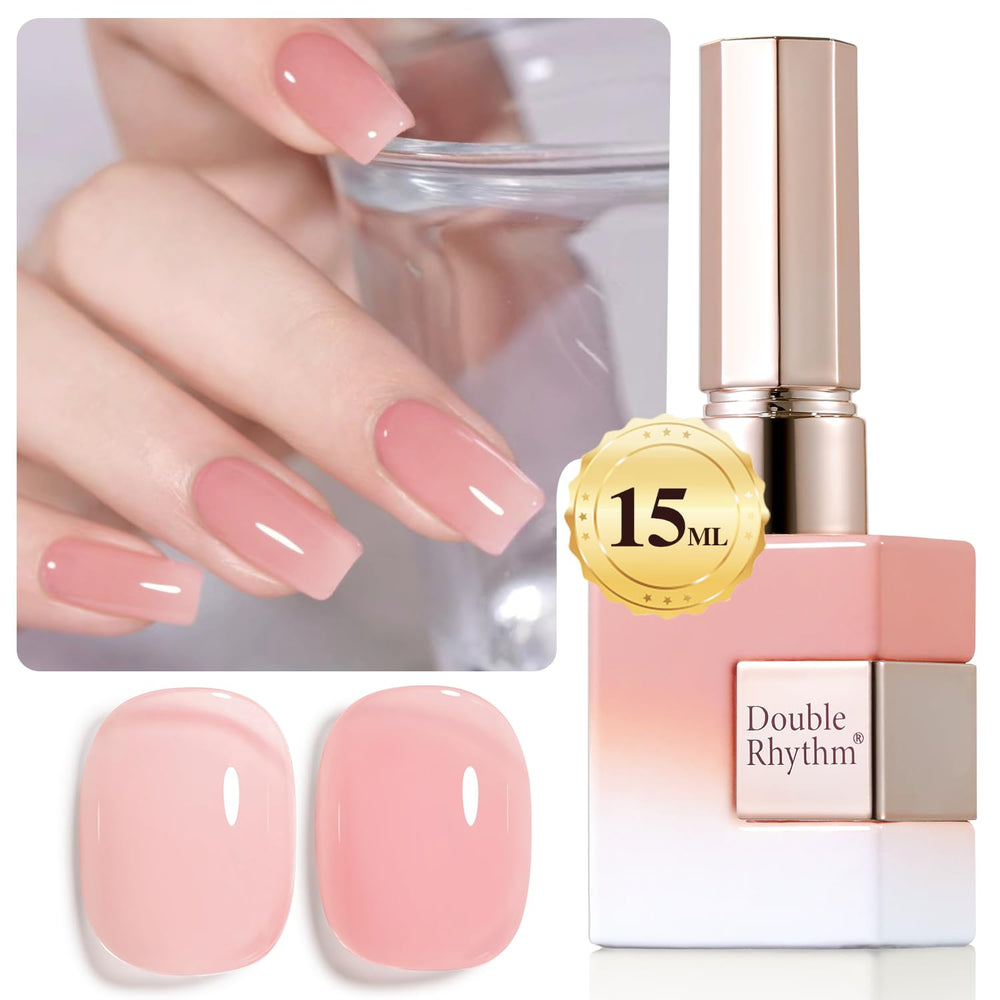 Double Rhythm jelly rose pink gel polish bottle for at-home manicure.