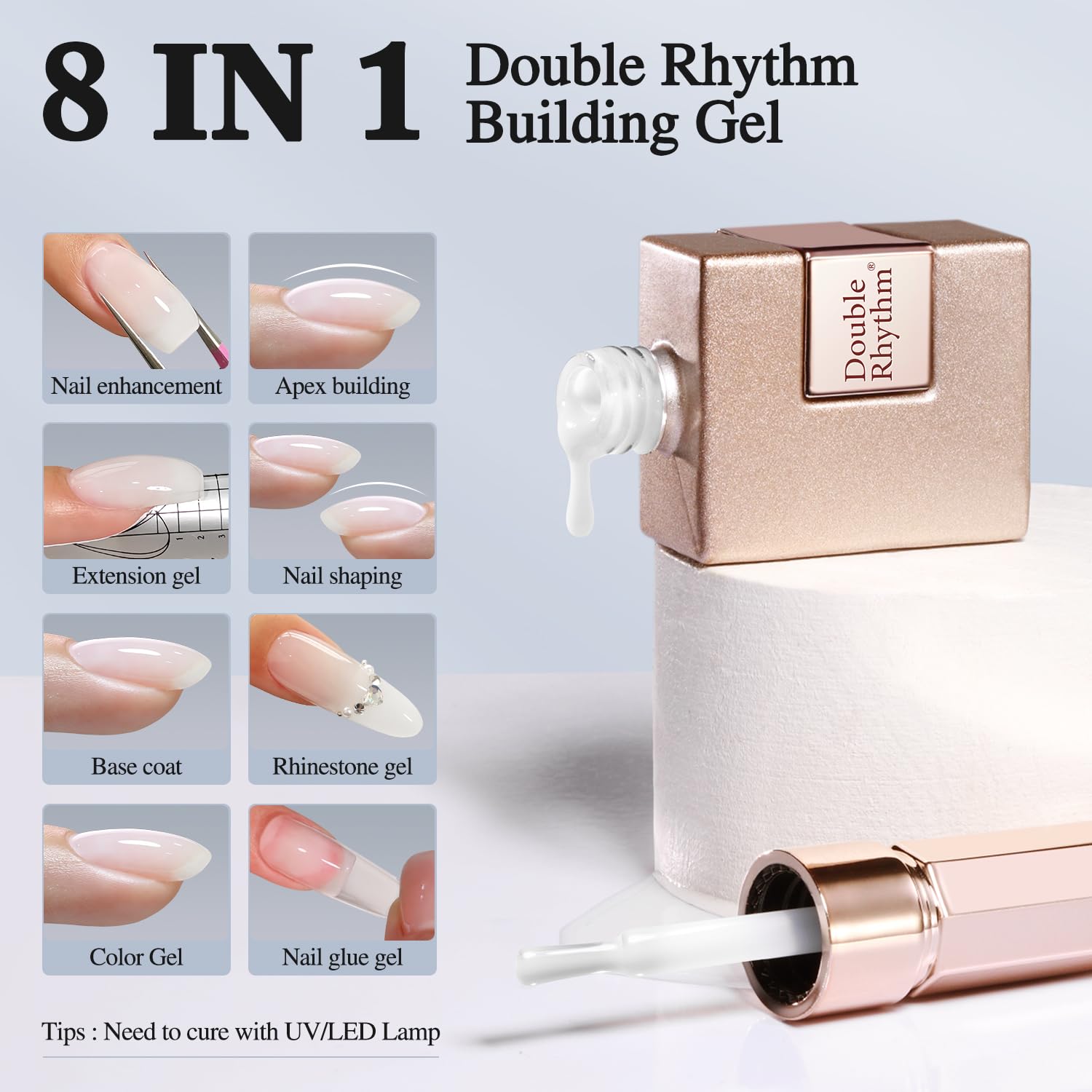 Double Rhythm Jelly White 8-in-1 nail gel highlighting versatility for shaping, length, and embellishments
