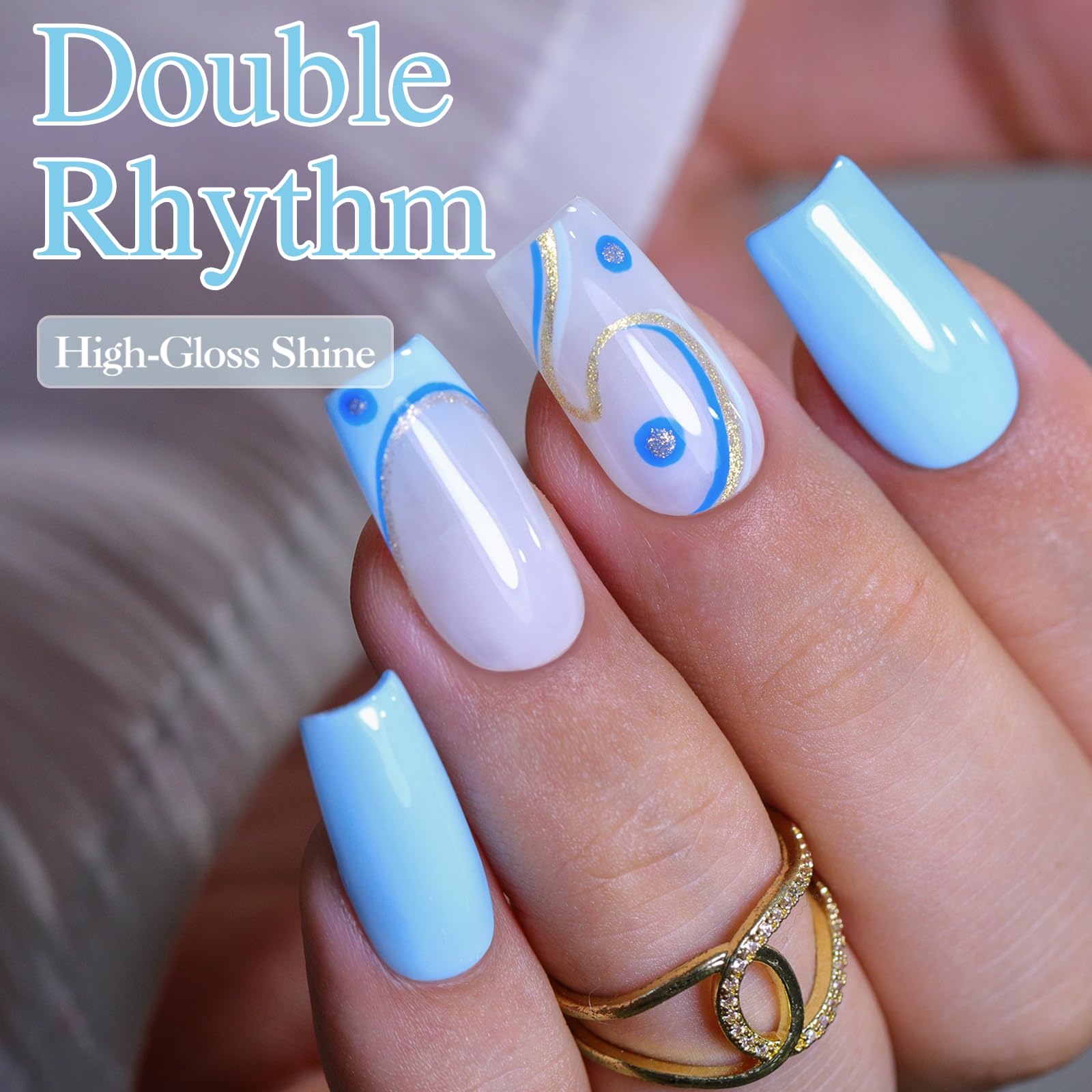 Double Rhythm light blue gel polish swatches showing sheer color on nails