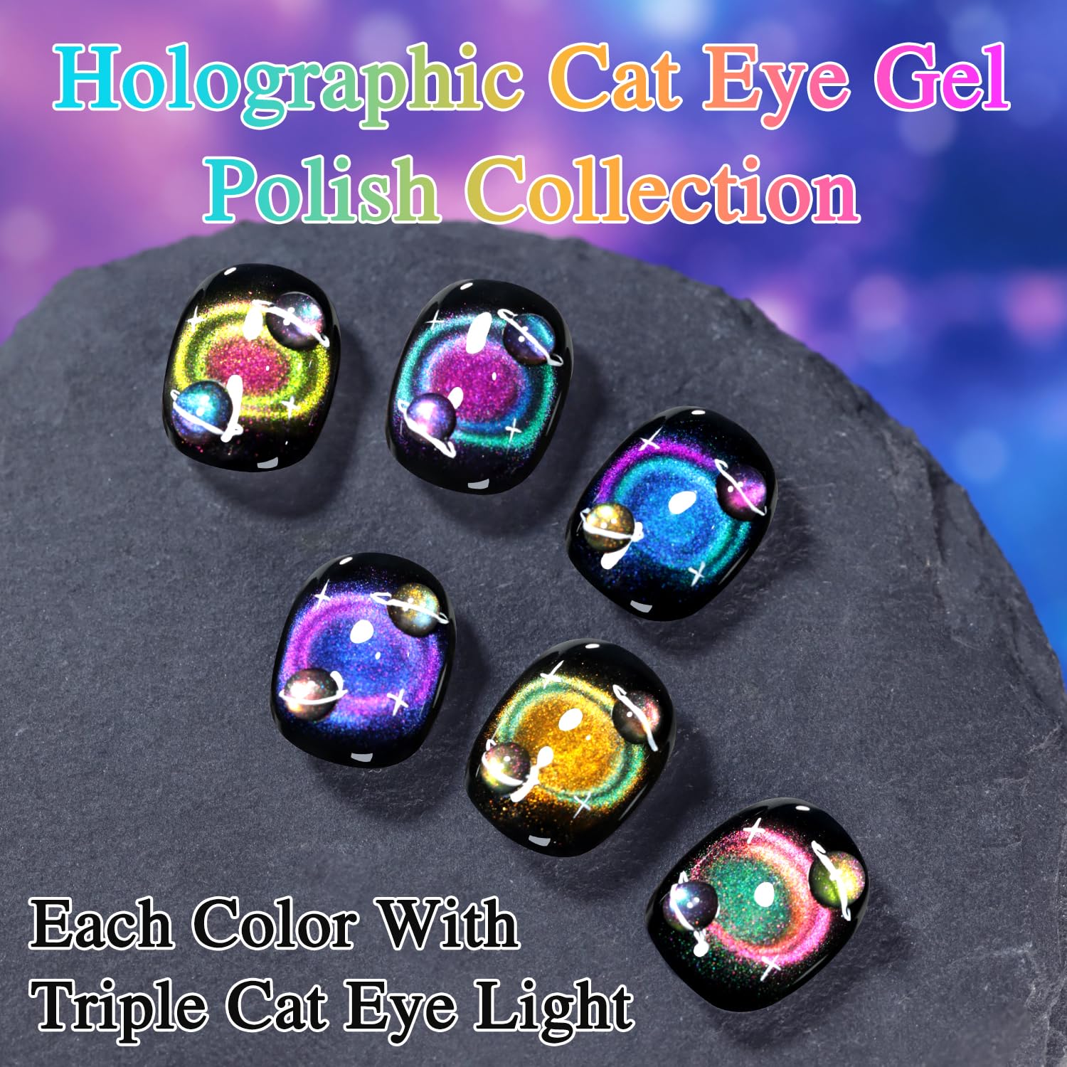Double Rhythm magnetic holographic effect creates rainbow reflections on nails.
