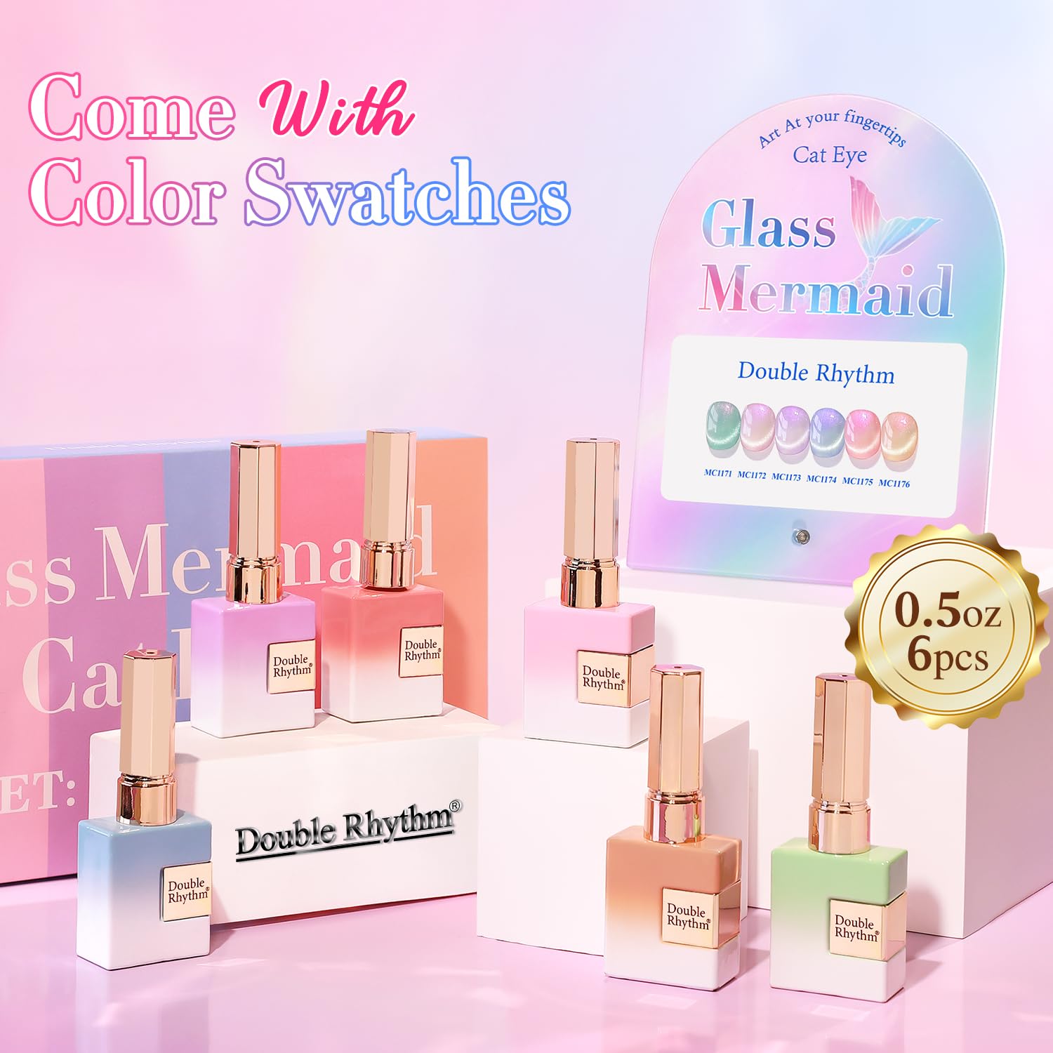 Double Rhythm Mermaid Pink Rose shade shows mermaid shimmer for eye-catching nails.
