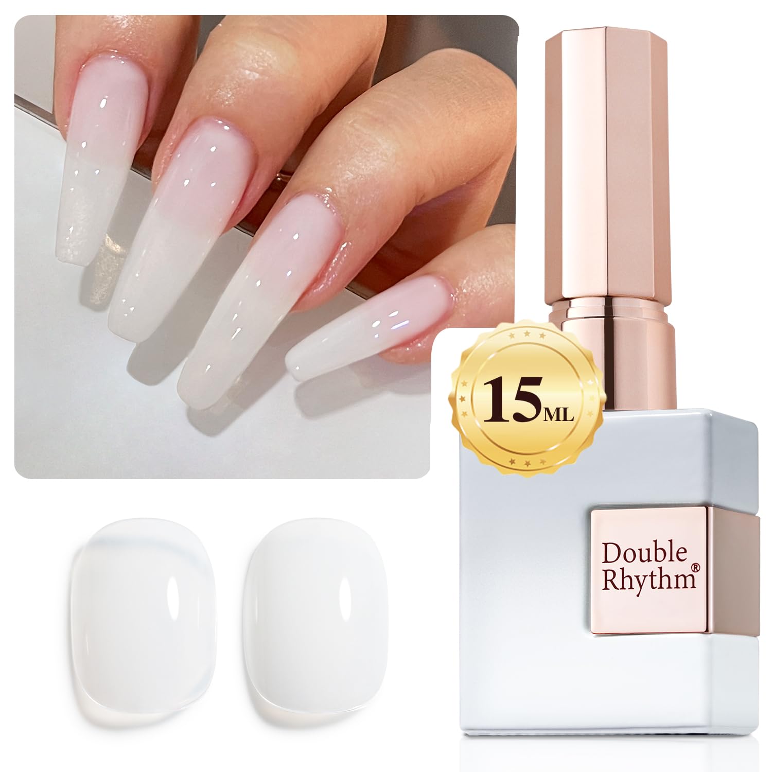 Double Rhythm milky white gel polish bottle close-up for a glossy at home manicure.
