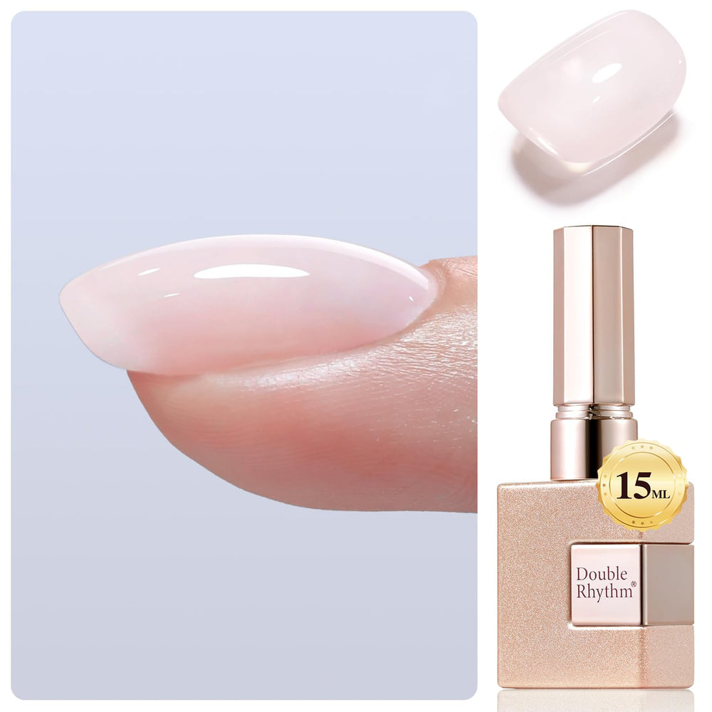 Double Rhythm nail strengthener bottle in nude pink for durable, long-wearing nails.