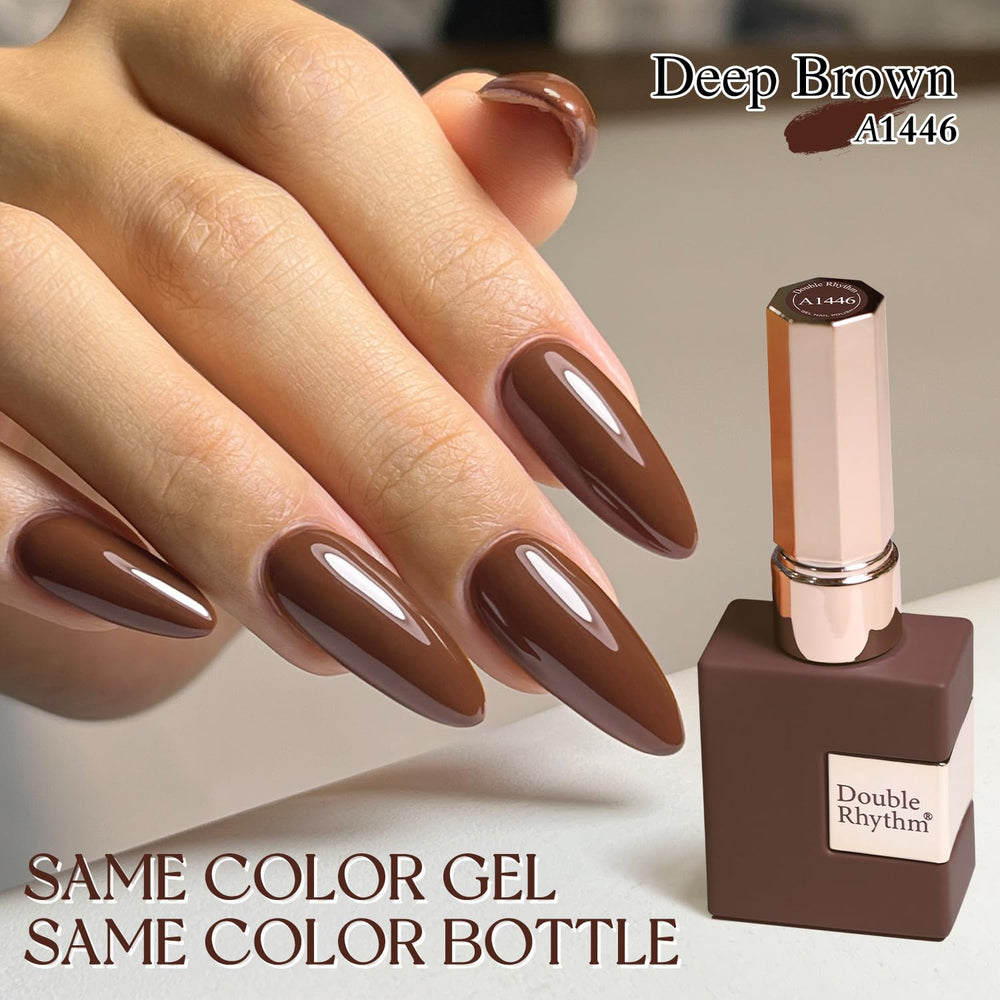 Nails finished with Double Rhythm dark brown gel polish after cure for lasting shine