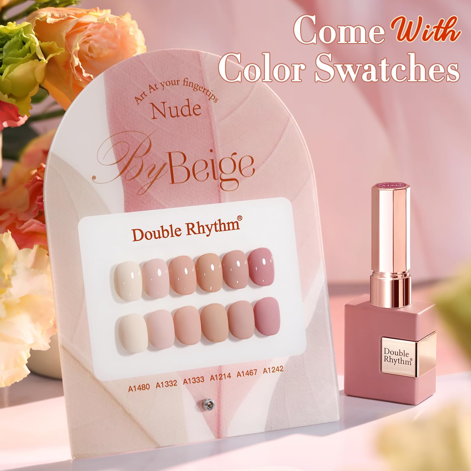 Double Rhythm nude palette swatches in light beige for neutral nail looks.