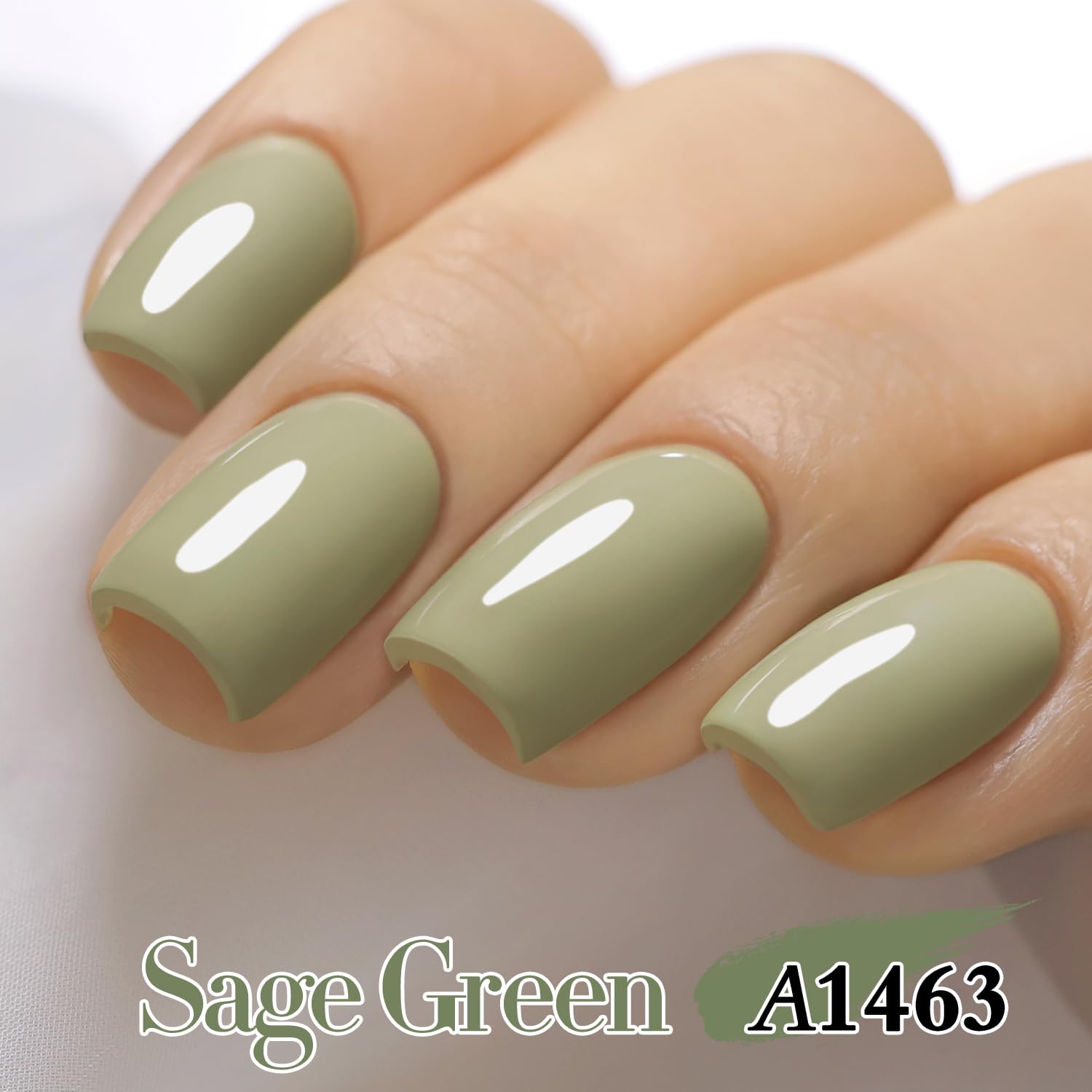 Close-up nails with Sage Green gel for a glossy finish