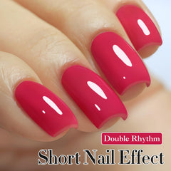 Double Rhythm gel polish brush applies sheer color on nail.