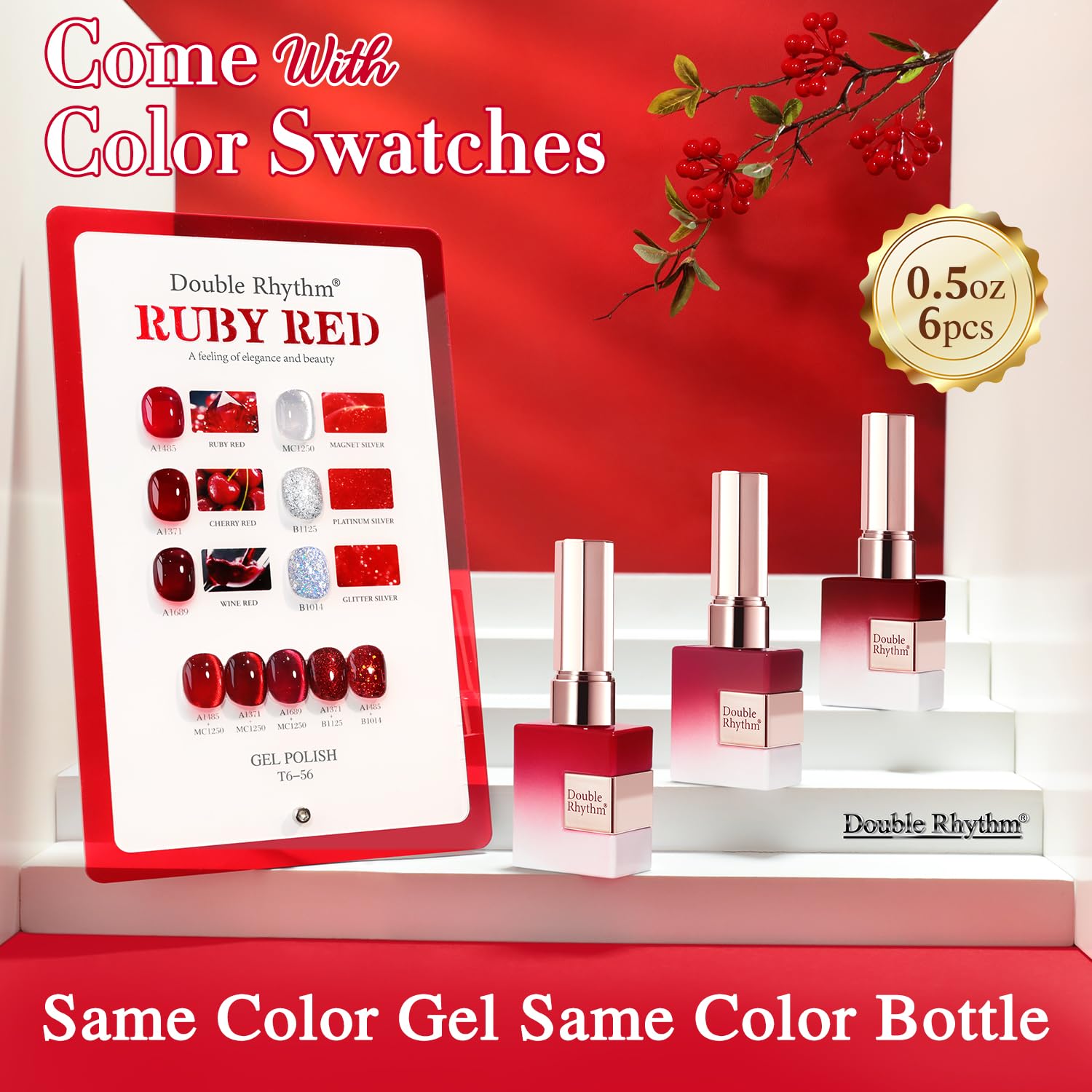 Double Rhythm swatch card displays jelly burgundy red and glitter options.