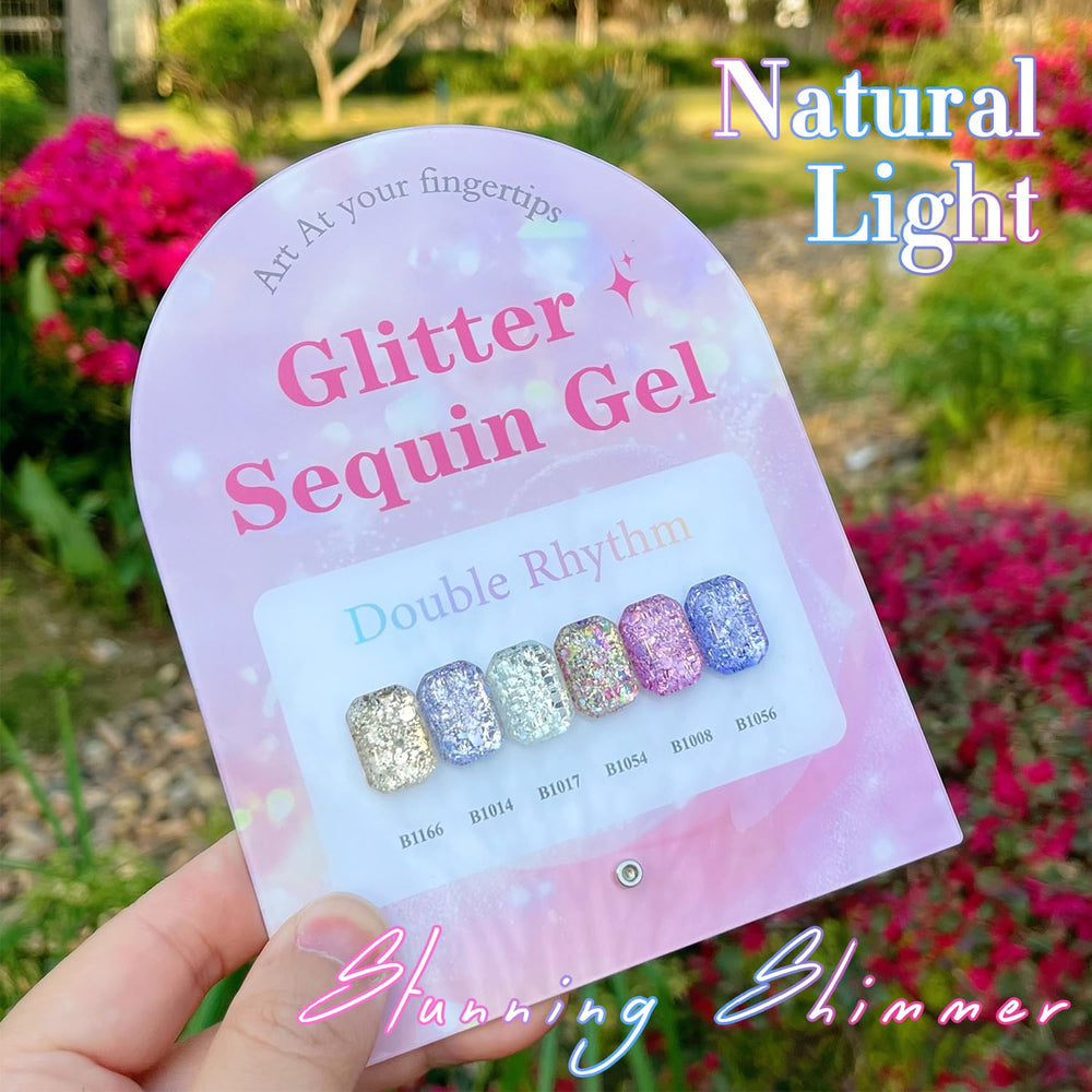 Double Rhythm glitter gel polish close-up showing reflective sparkle