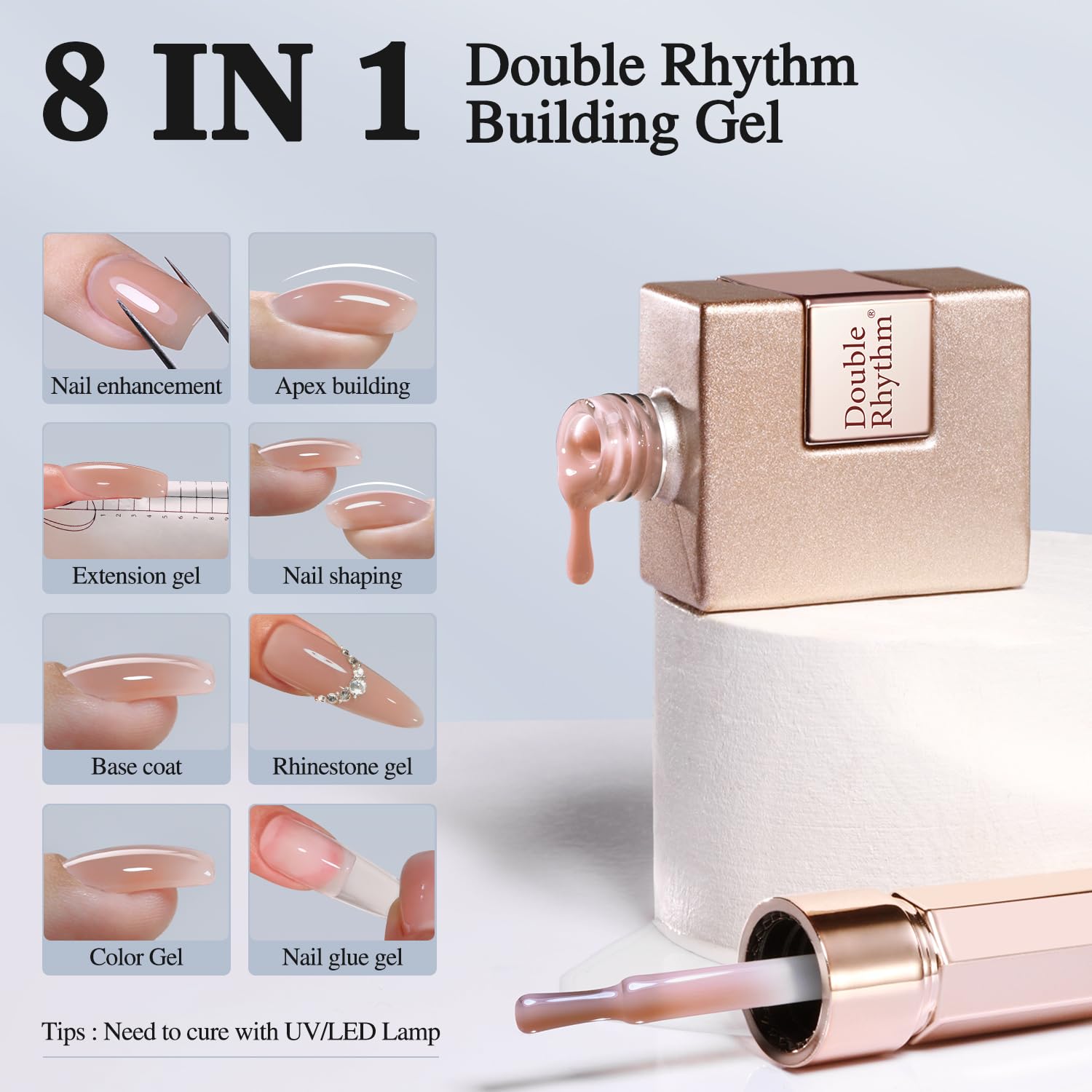 Double Rhythm nail strengthener builder in a bottle for apex shaping.