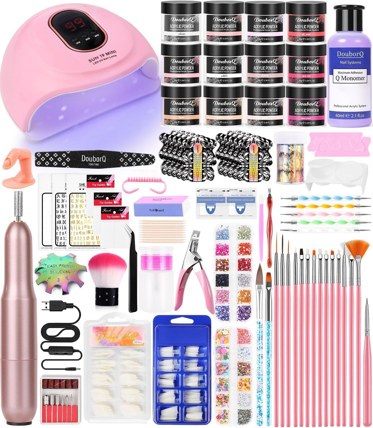 DouborQ acrylic nail art kit contents for complete at-home manicure setup