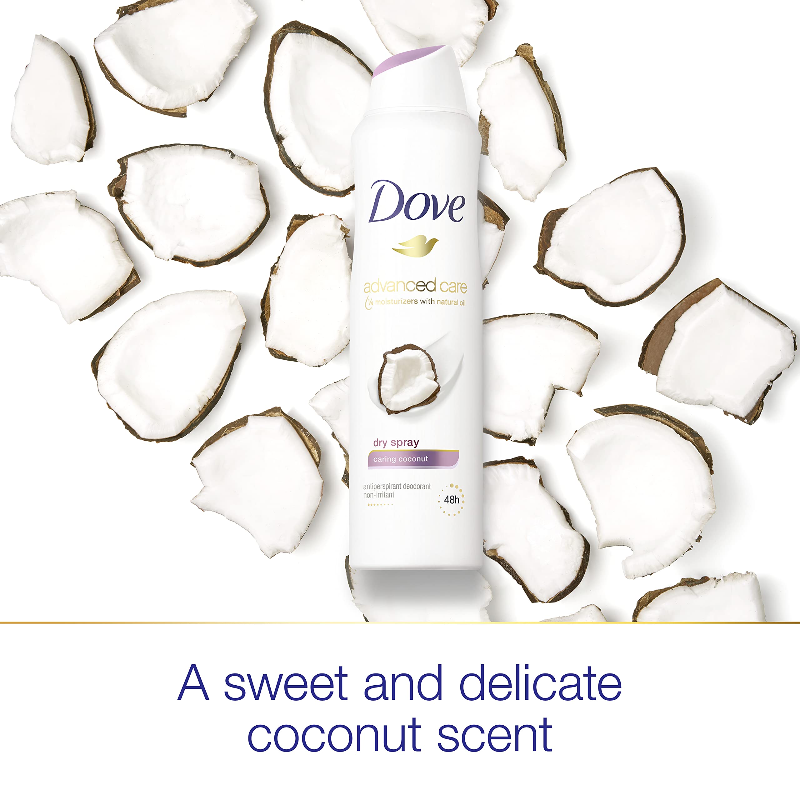 Dove Advanced Care Caring Coconut dry spray instant-dry finish leaves skin feeling fresh.