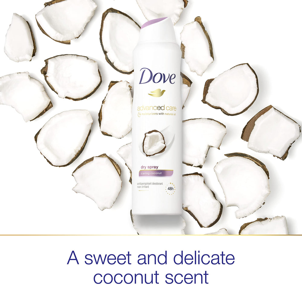 Dove Advanced Care Caring Coconut dry spray instant-dry finish leaves skin feeling fresh.