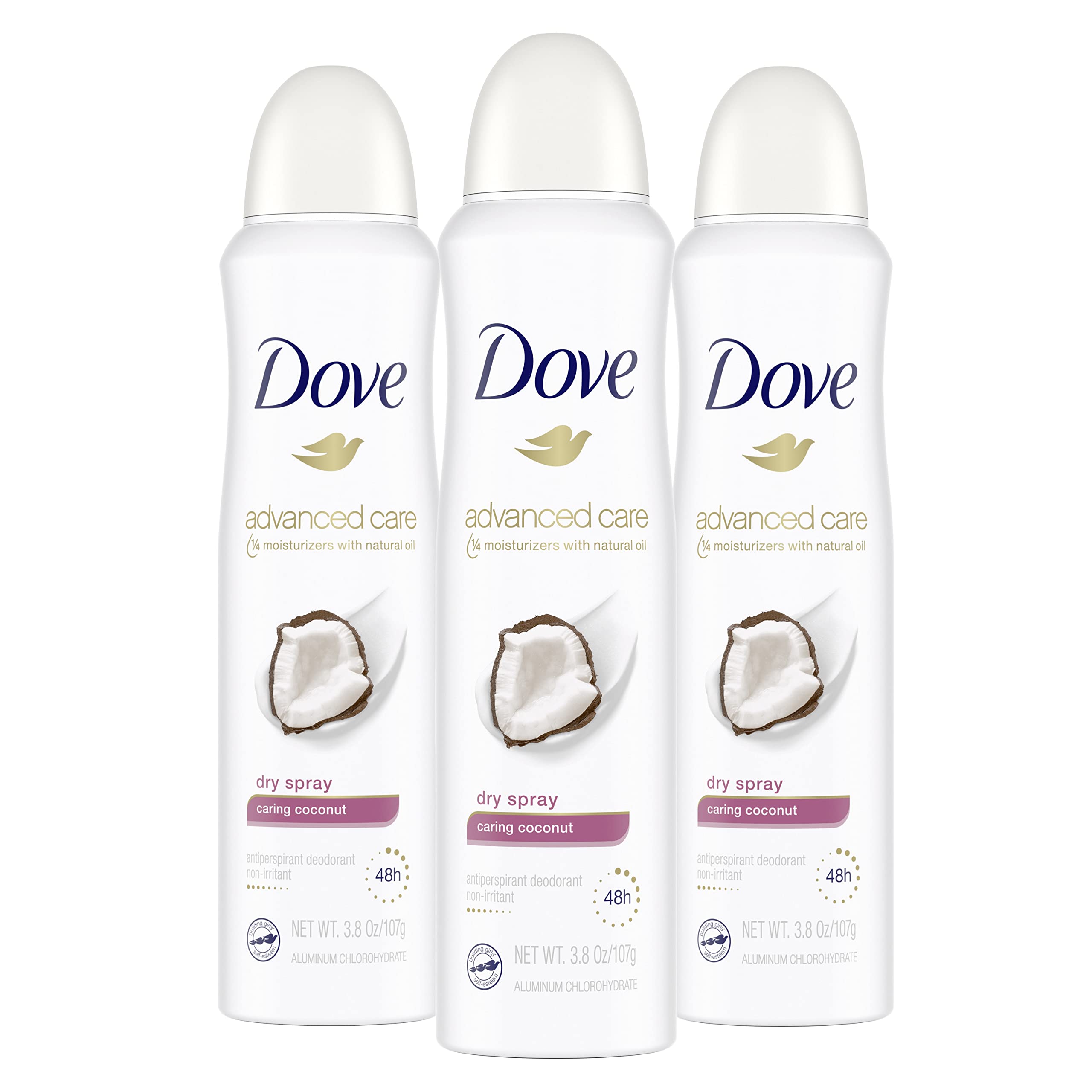Dove Advanced Care Caring Coconut dry spray packaging shown for display and easy everyday use.