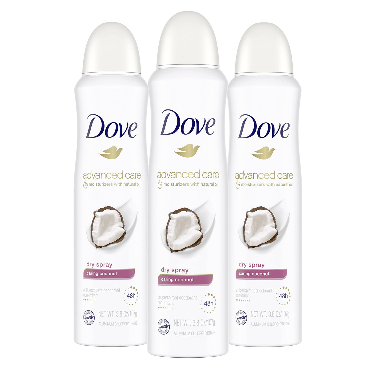 Dove Advanced Care Caring Coconut dry spray packaging shown for display and easy everyday use.