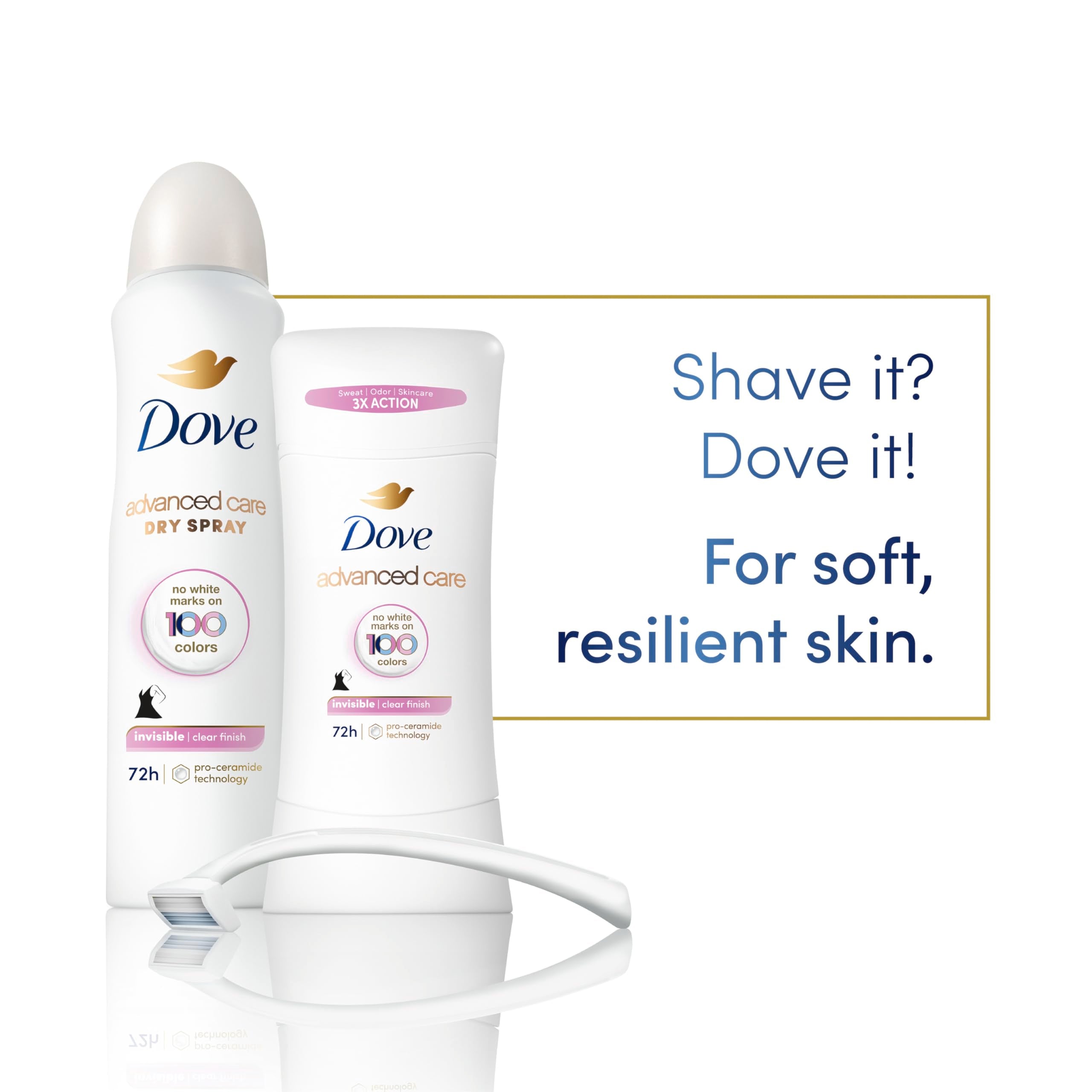 Dove Advanced Care Clear Finish showing no white marks on fabrics.