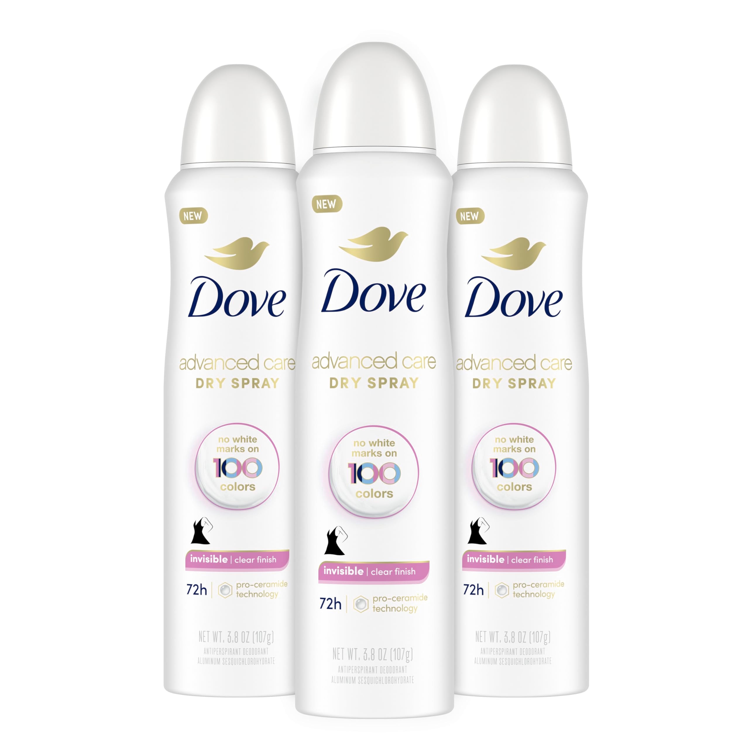 Dove Advanced Care Clear Finish spray bottle showing invisible protection for clothes