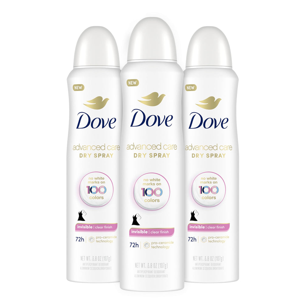 Dove Advanced Care Clear Finish spray bottle showing invisible protection for clothes