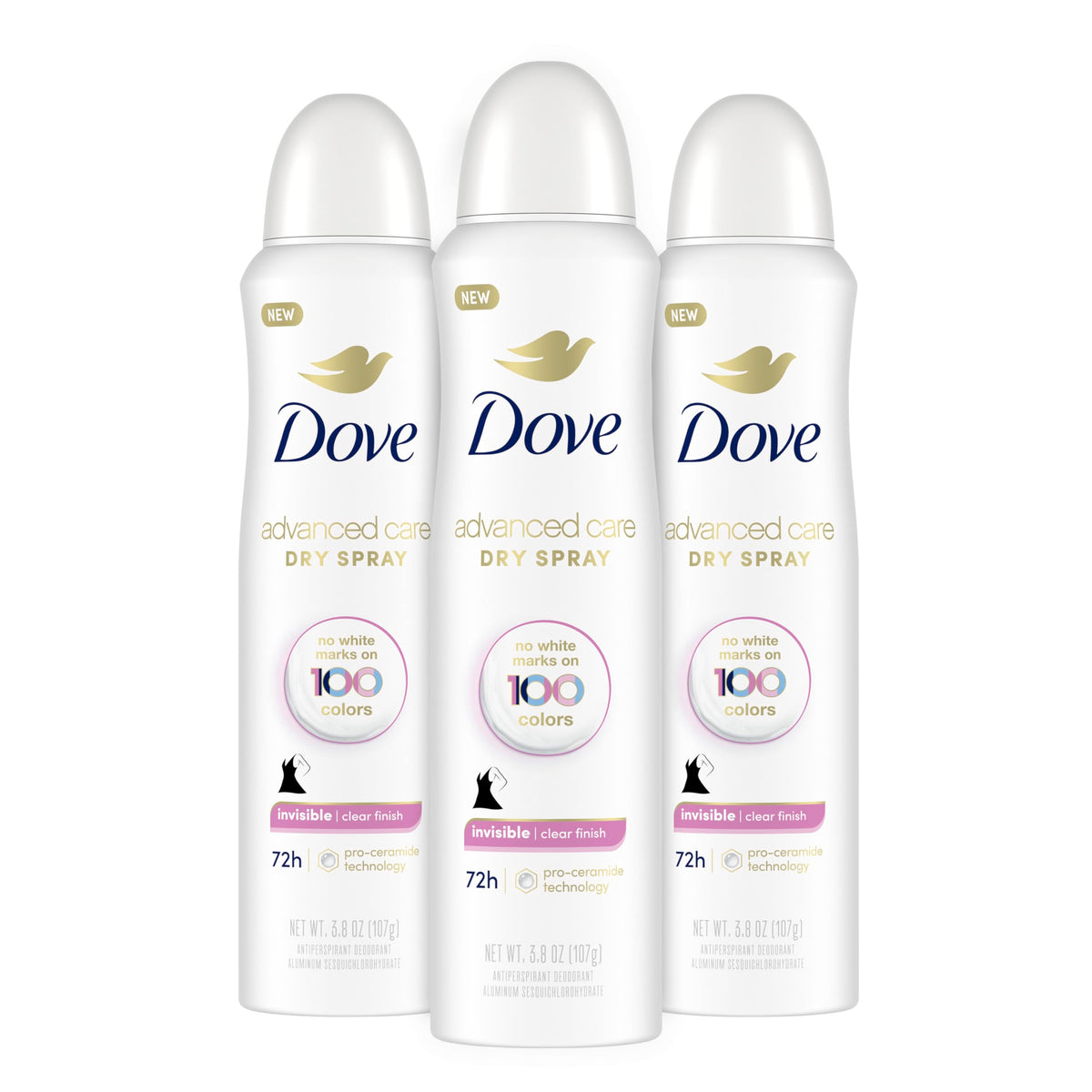 Dove Advanced Care Clear Finish spray bottle showing invisible protection for clothes