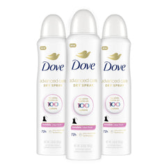 Dove Advanced Care Clear Finish spray bottle showing invisible protection for clothes