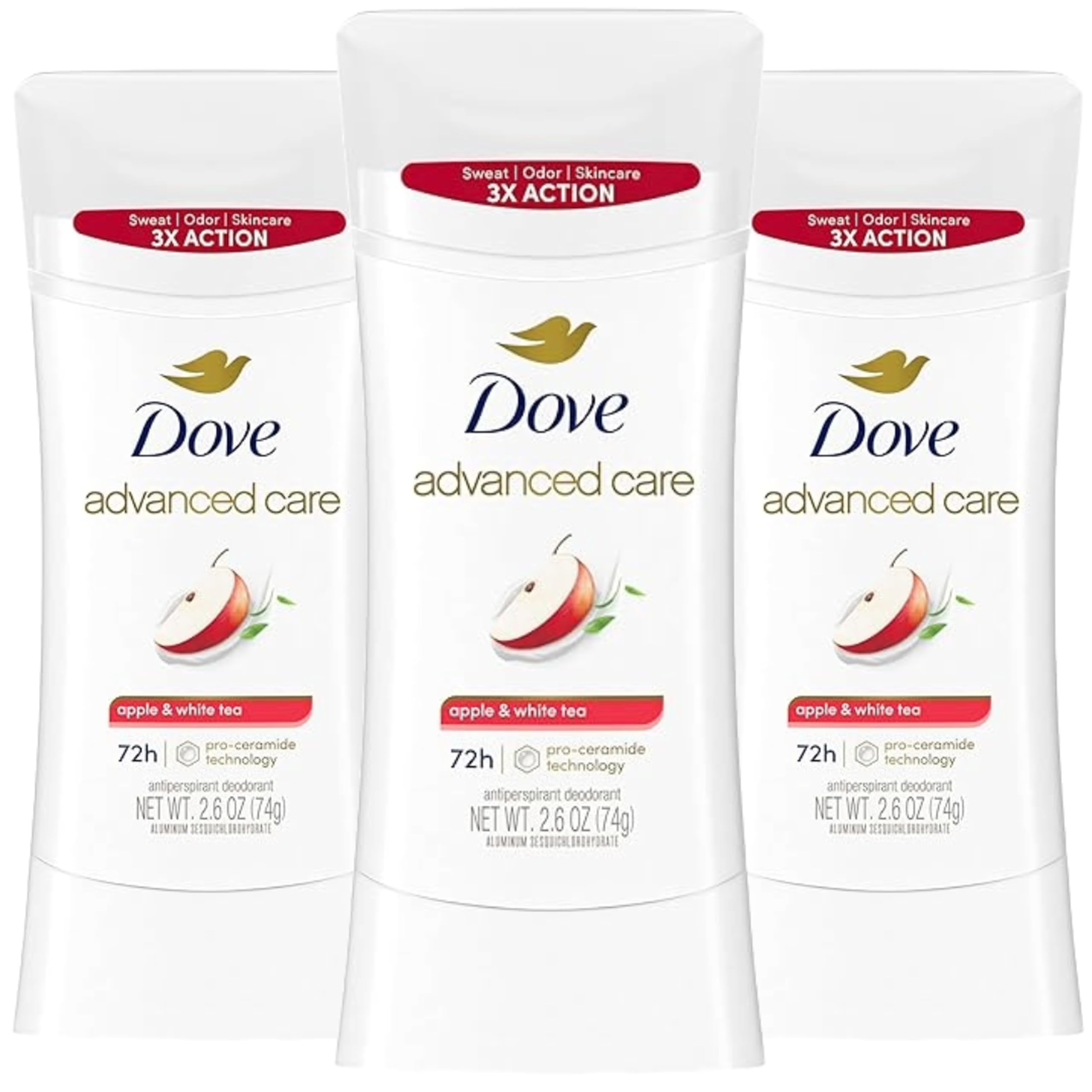 Dove Advanced Care Desodorante Barra Manzana y Té Blanco, fragancia fresca para todo el día.