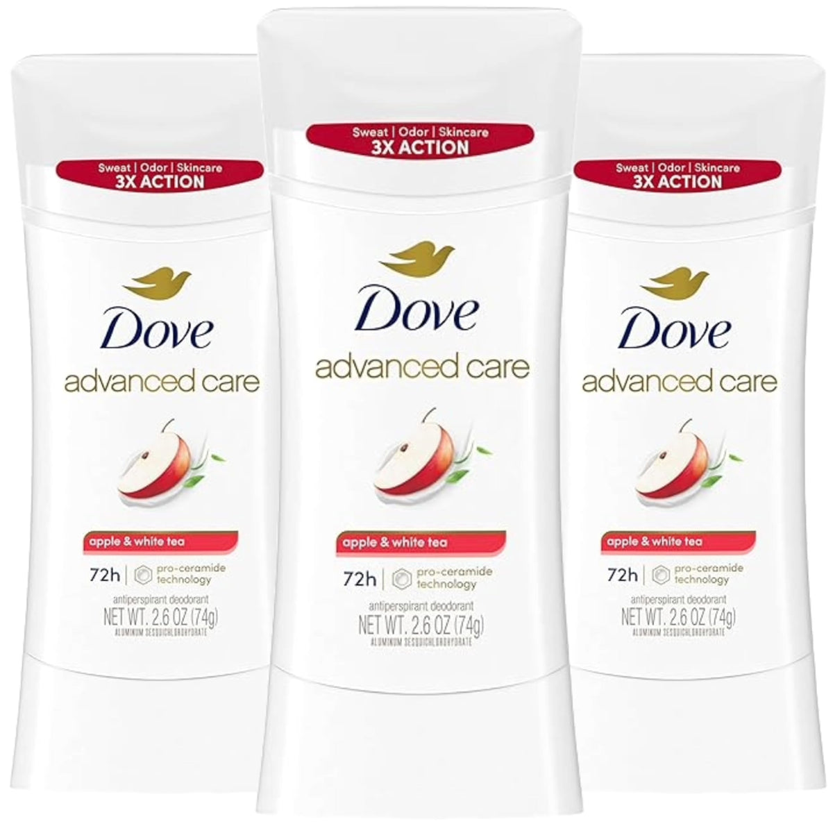 Dove Advanced Care Desodorante Barra Manzana y Té Blanco, fragancia fresca para todo el día.