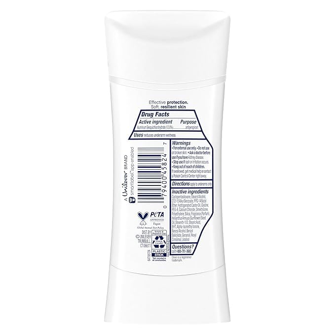 Dove Advanced Care Desodorante Barra, aplicación suave para piel sensible.