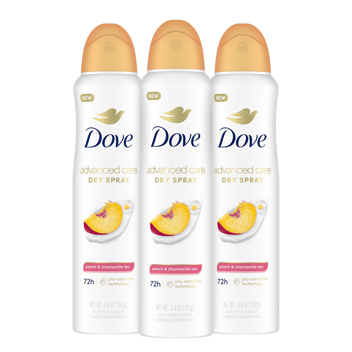 Desodorante Dove Advanced Care en spray, aroma durazno y manzanilla para uso diario.