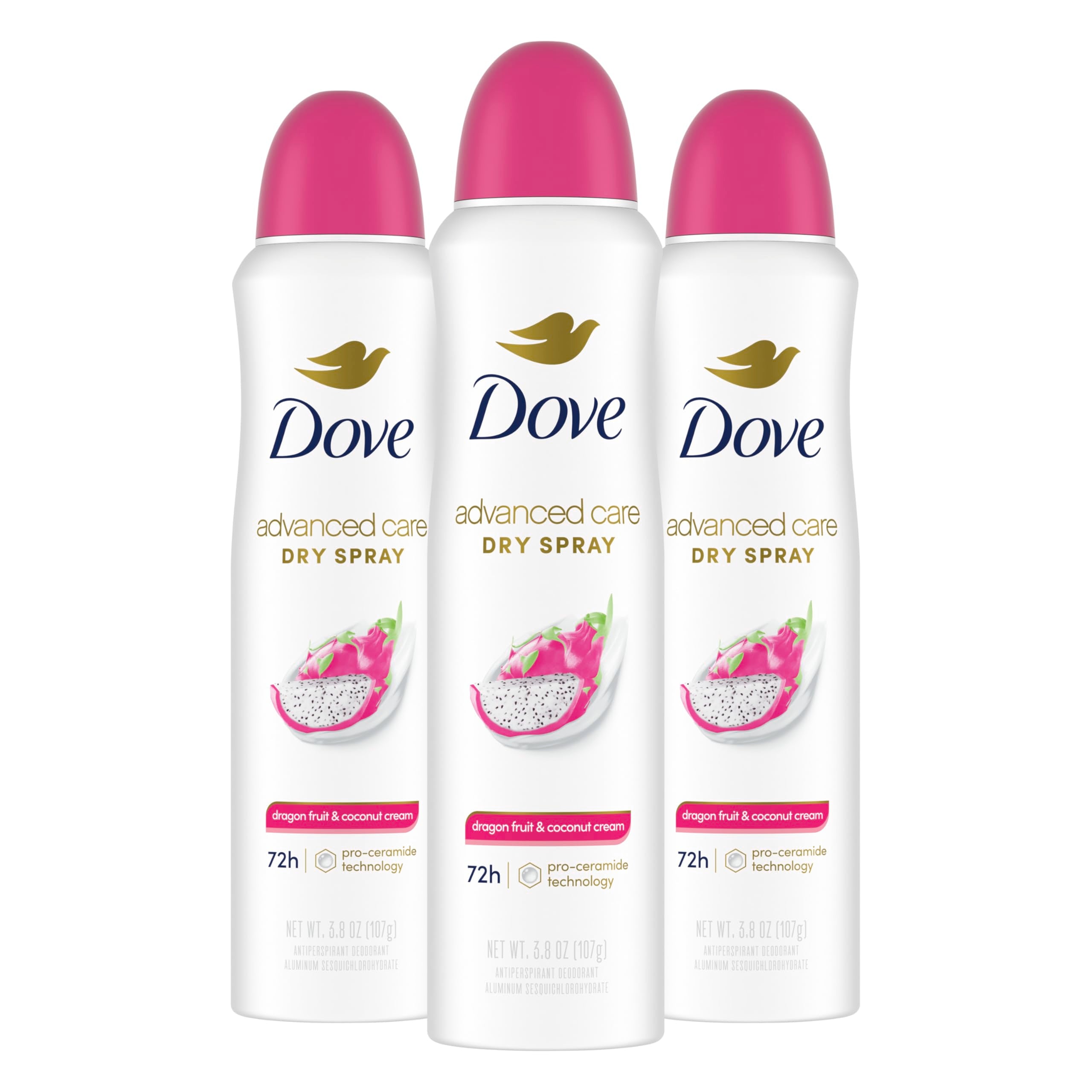 Dove Advanced Care Dragon Fruit and Coconut Cream dry spray box front view for a 3-pack, long-lasting protection.