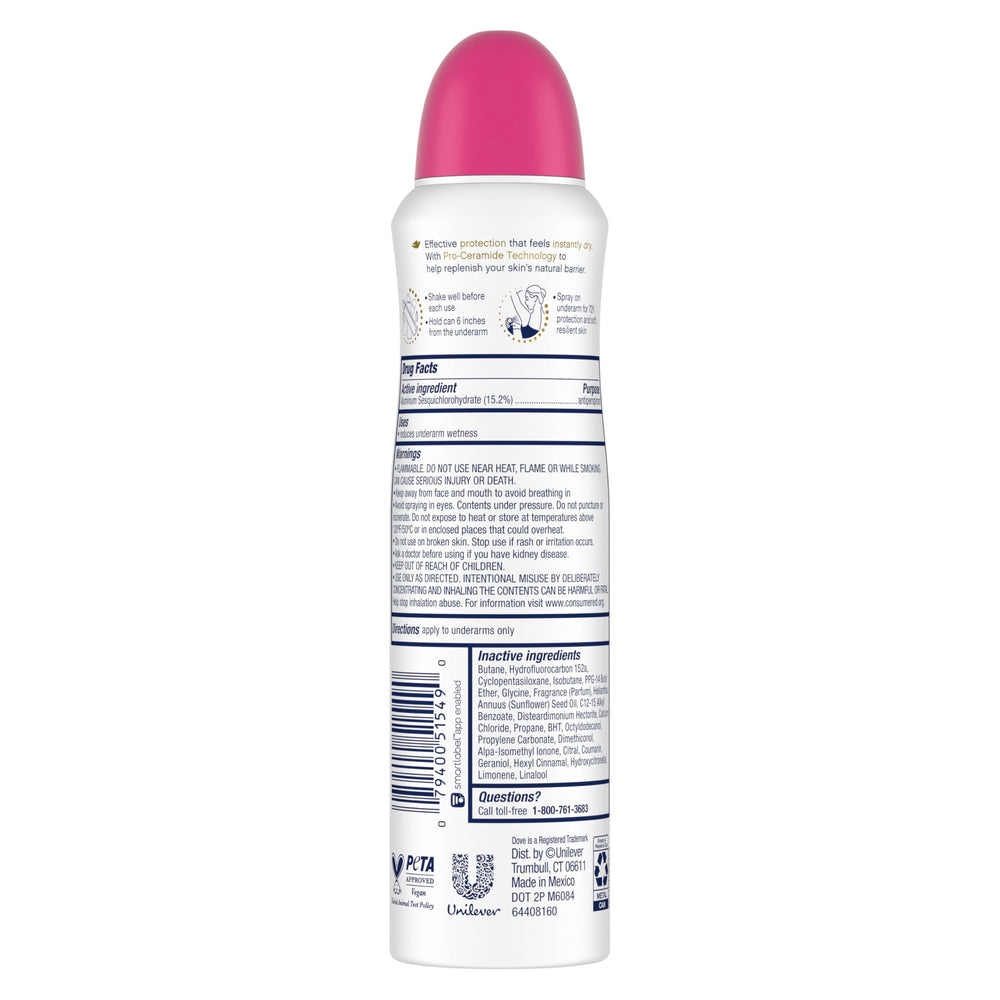 Dove Advanced Care Dragon Fruit and Coconut Cream dry spray underarm application shows quick-dry formula.