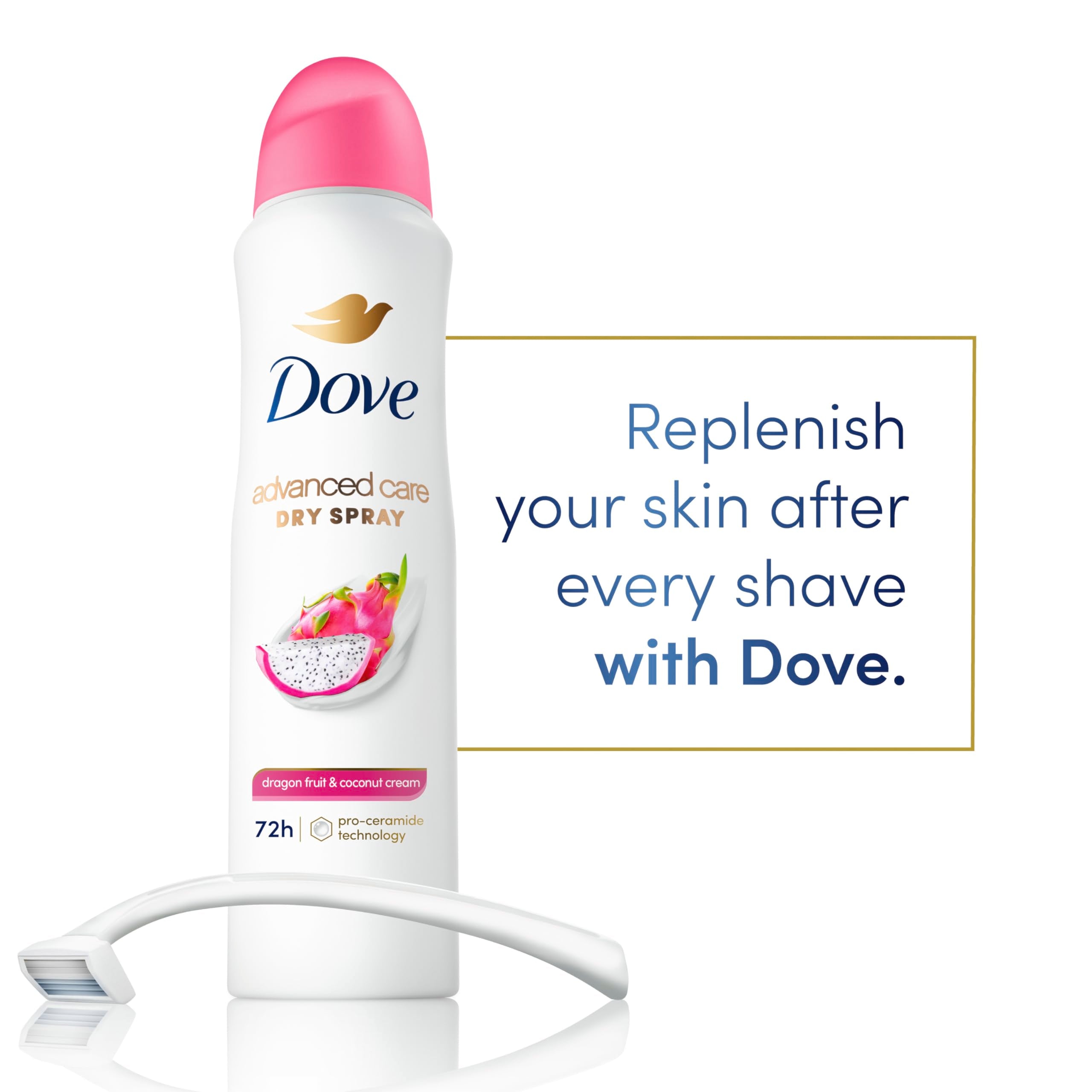 Dove Advanced Care with Pro Ceramide Technology supports skin barrier after shaving.