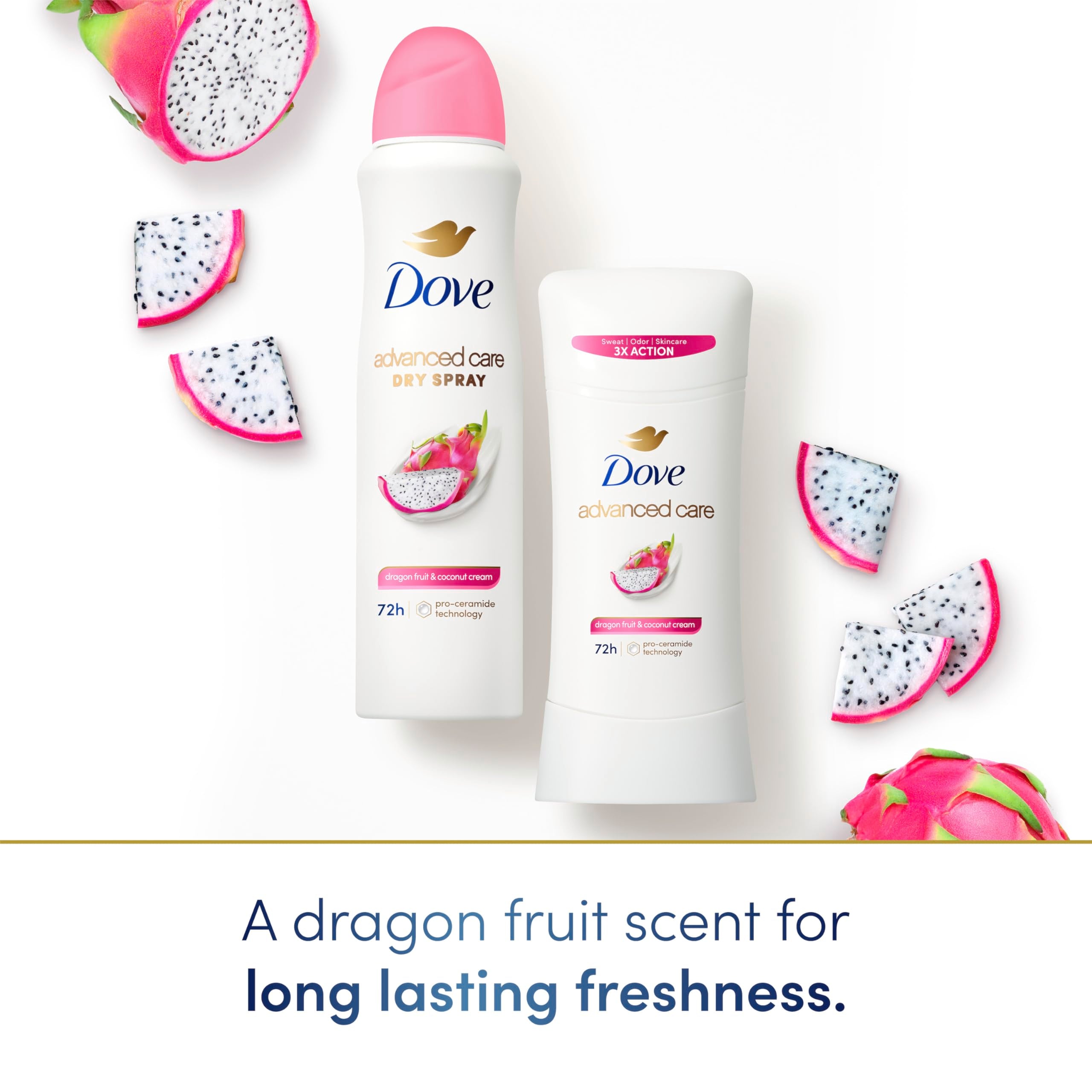 Dove Advanced Care fragancia afrutada de fruta dragón y coco.