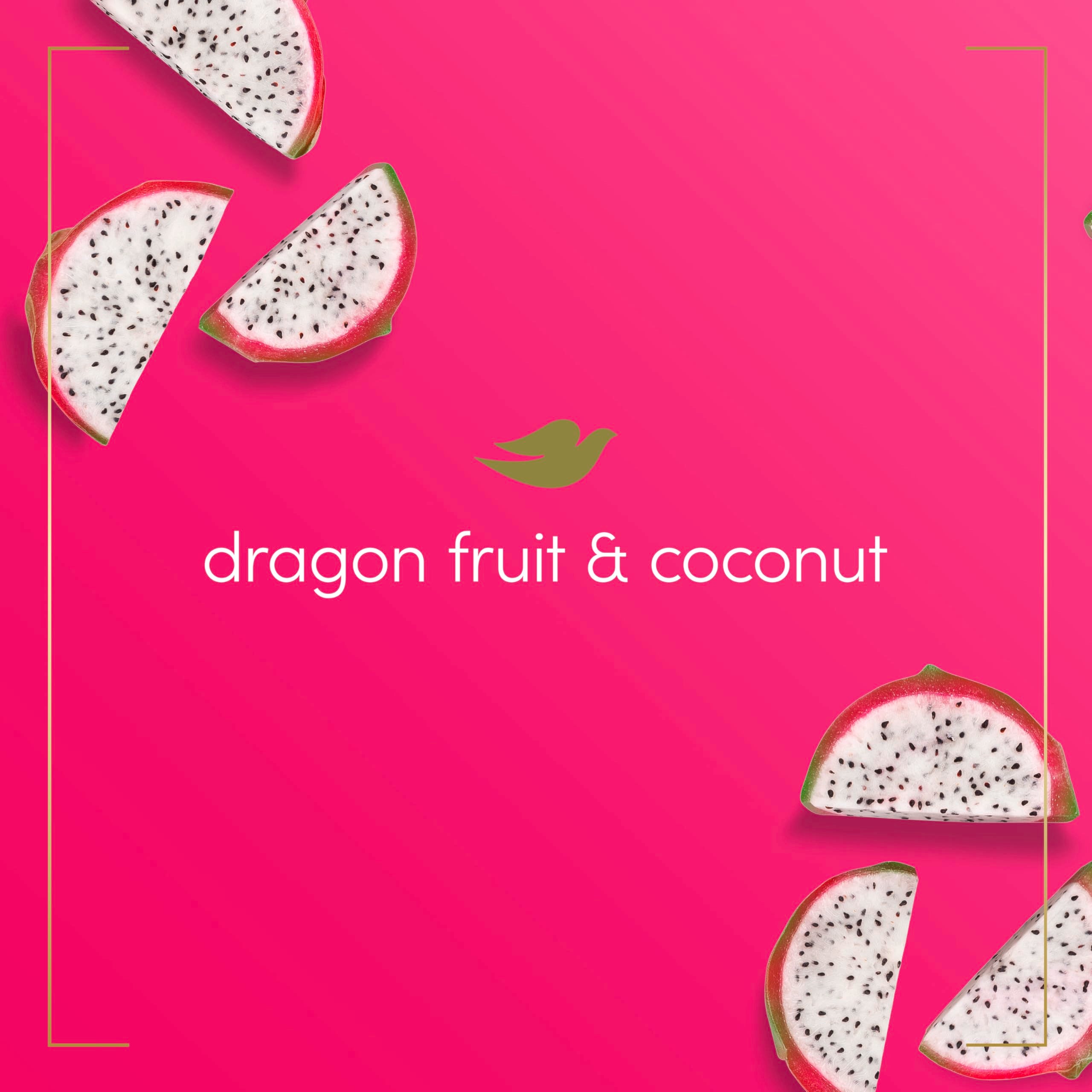 Dove Advanced Care con fruta dragón y coco, aroma tropical en la piel.