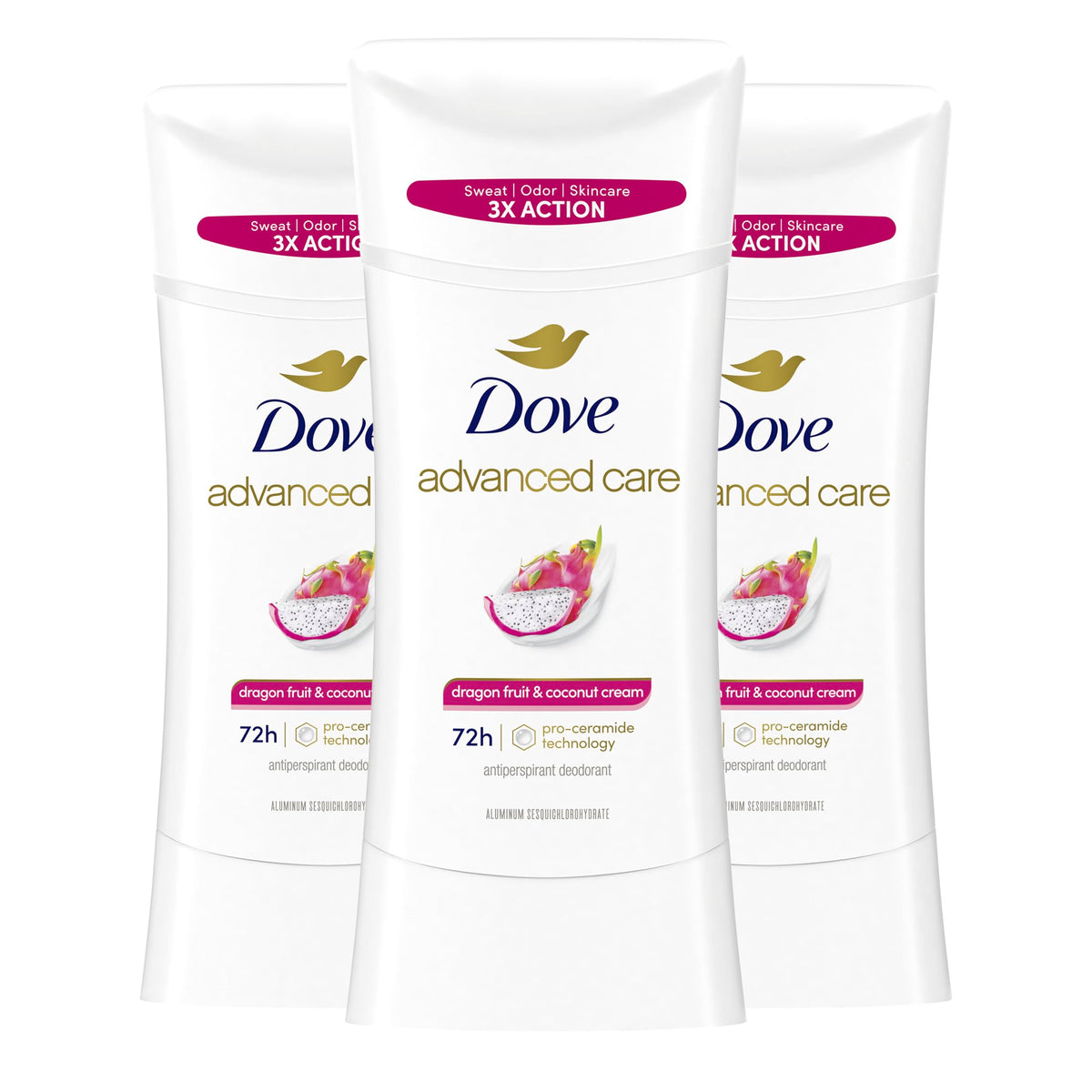 Dove Advanced Care barra con fragancia de fruta dragón y coco para uso diario.