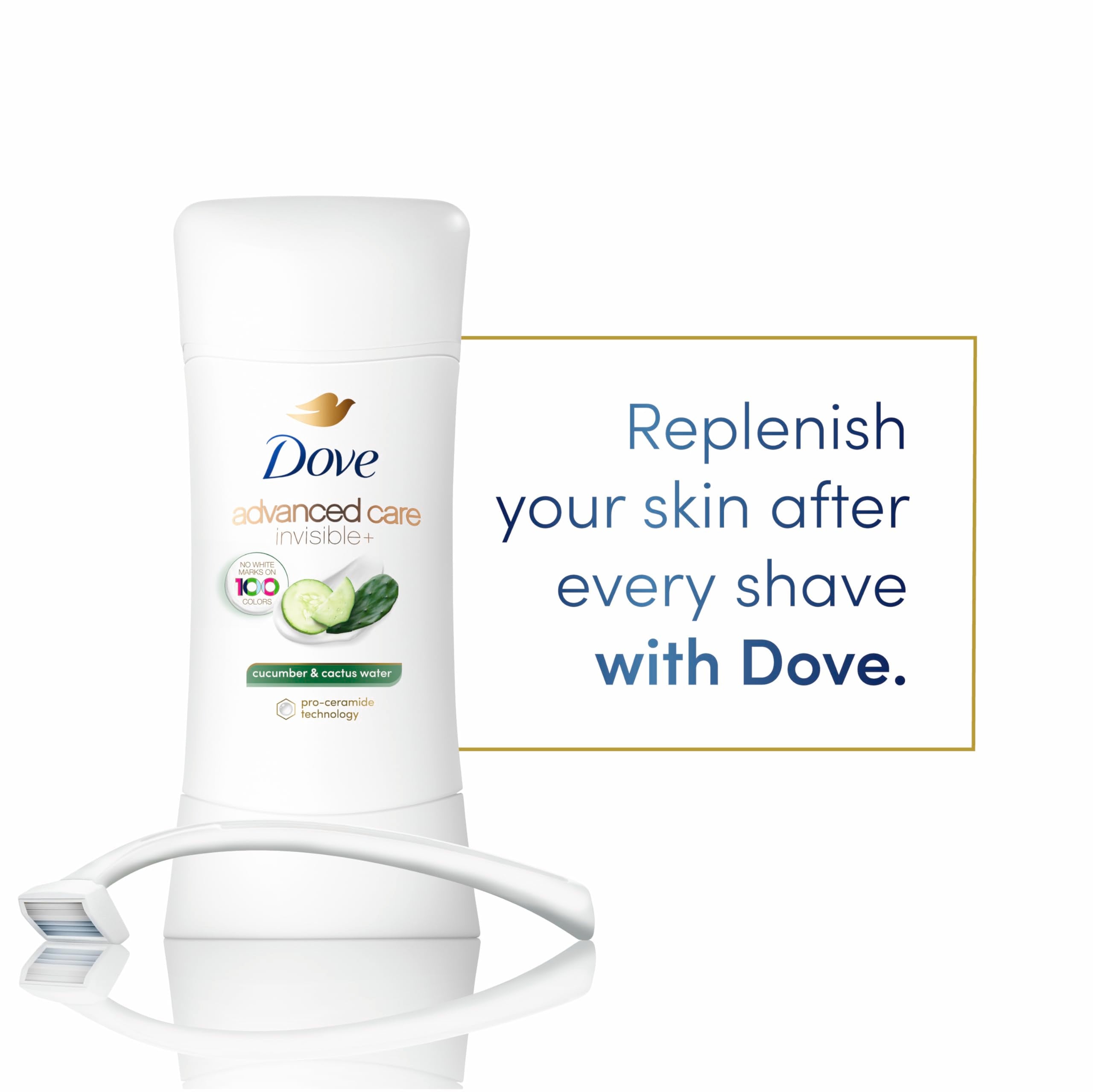 Dove Advanced Care invisible to 100 colors – product on skin with no visible residue.