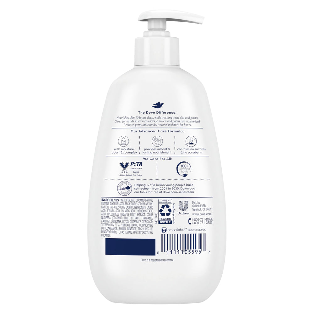 Dove Advanced Care, espuma cremosa, limpieza suave para manos sensibles.