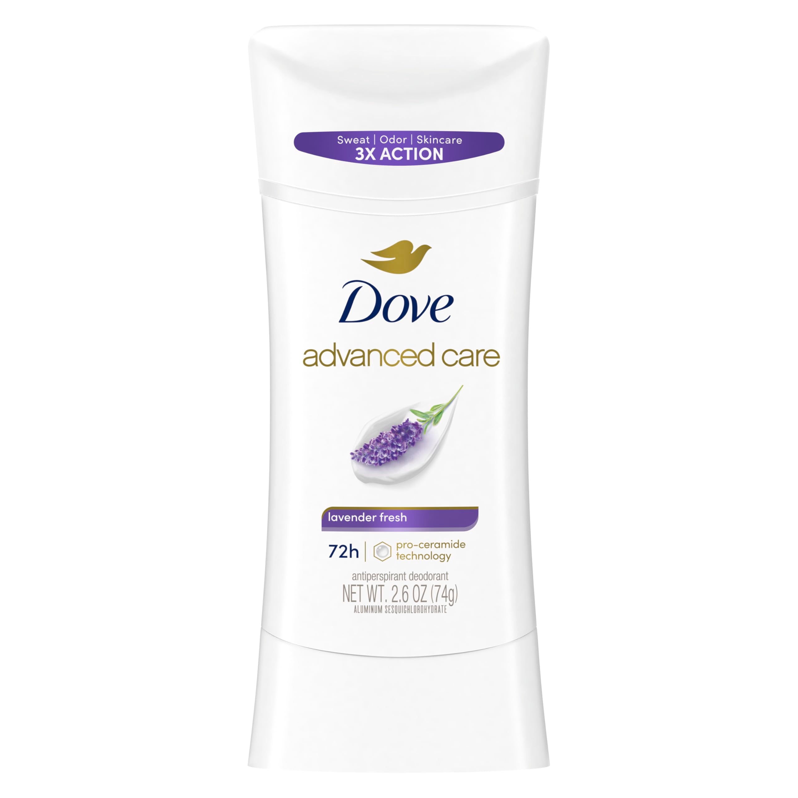 Dove Advanced Care Lavender Fresh Stick shown with focus on the calming lavender scent and long-lasting protection.