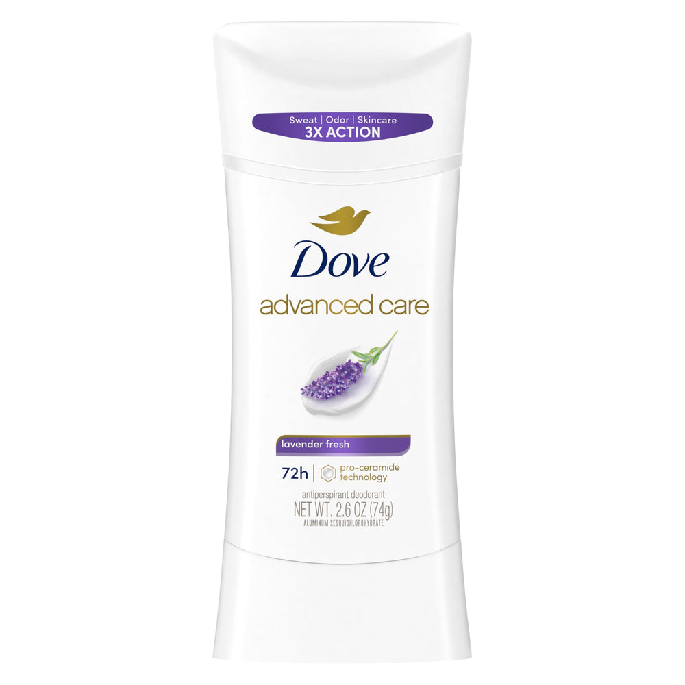 Dove Advanced Care Lavender Fresh Stick shown with focus on the calming lavender scent and long-lasting protection.