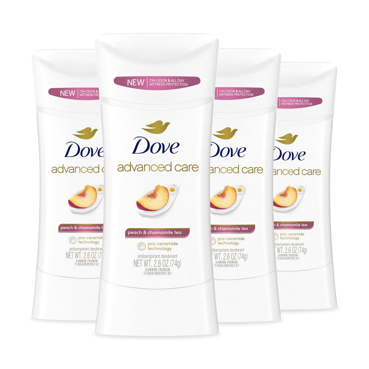 Dove Advanced Care Peach & Chamomile Tea deodorant stick with peach scent and skin protection.