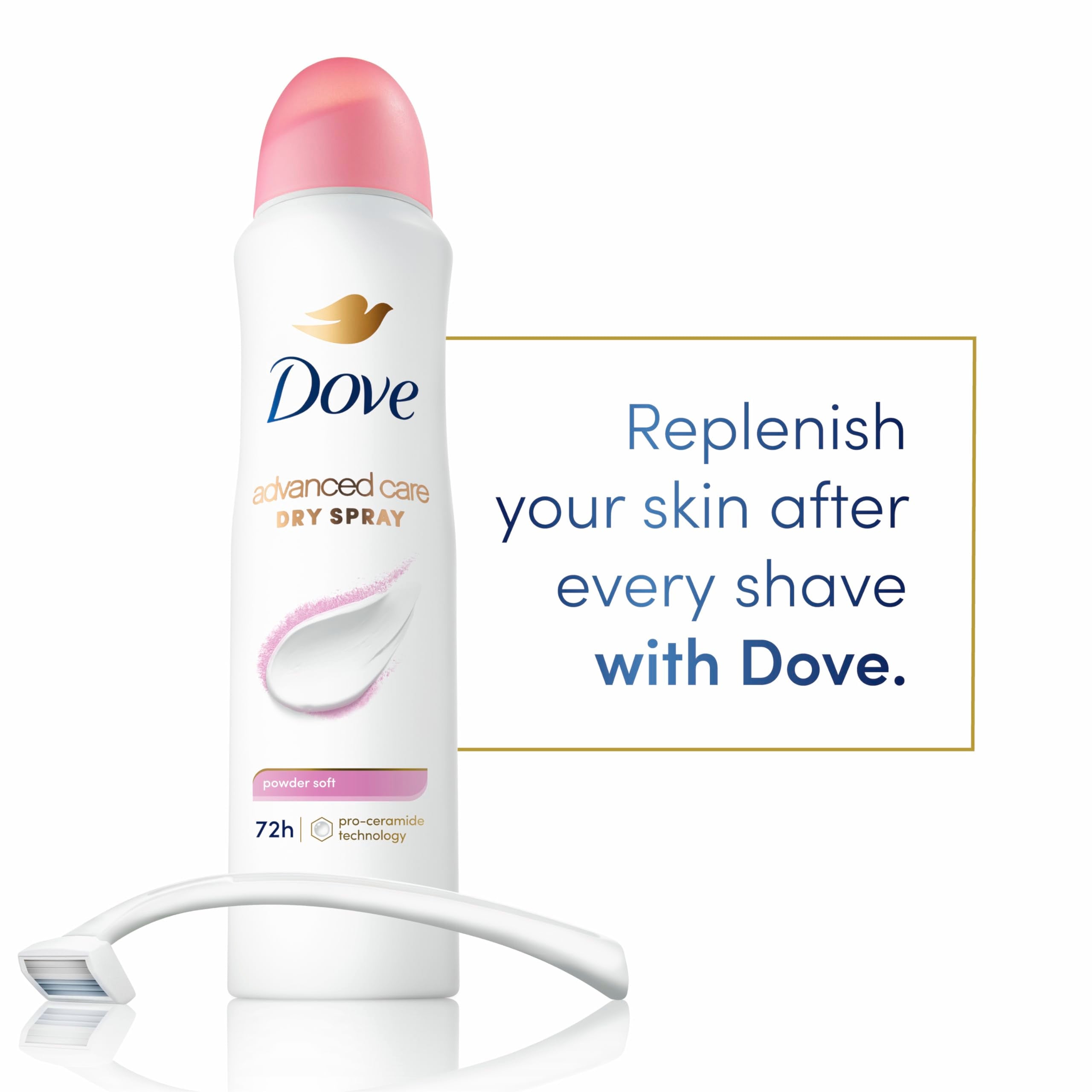 Dove Advanced Care Powder Soft label detail emphasizes Pro Ceramide technology