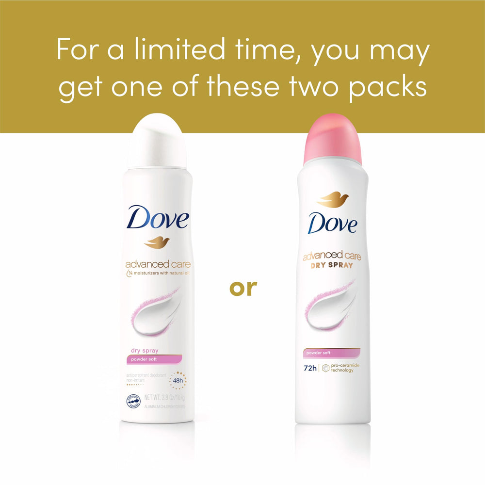 Dove Advanced Care Powder Soft spray long lasting protection visual emphasizes 72 hour care