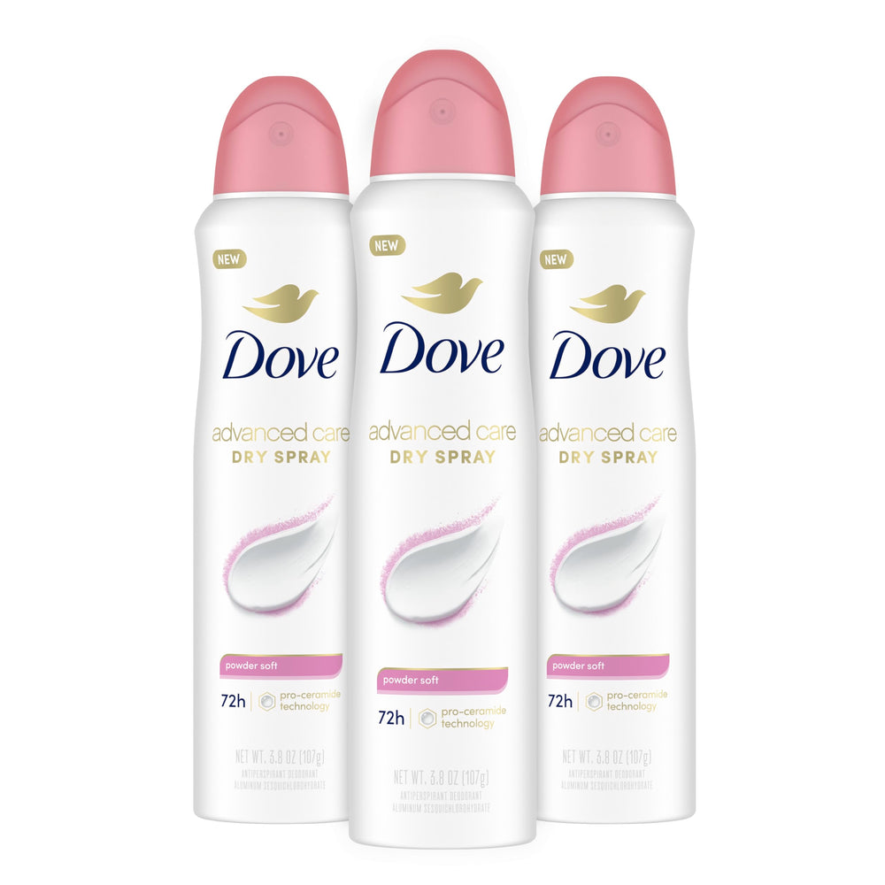 Dove Advanced Care Powder Soft spray pack shot highlighting design and comforting scent